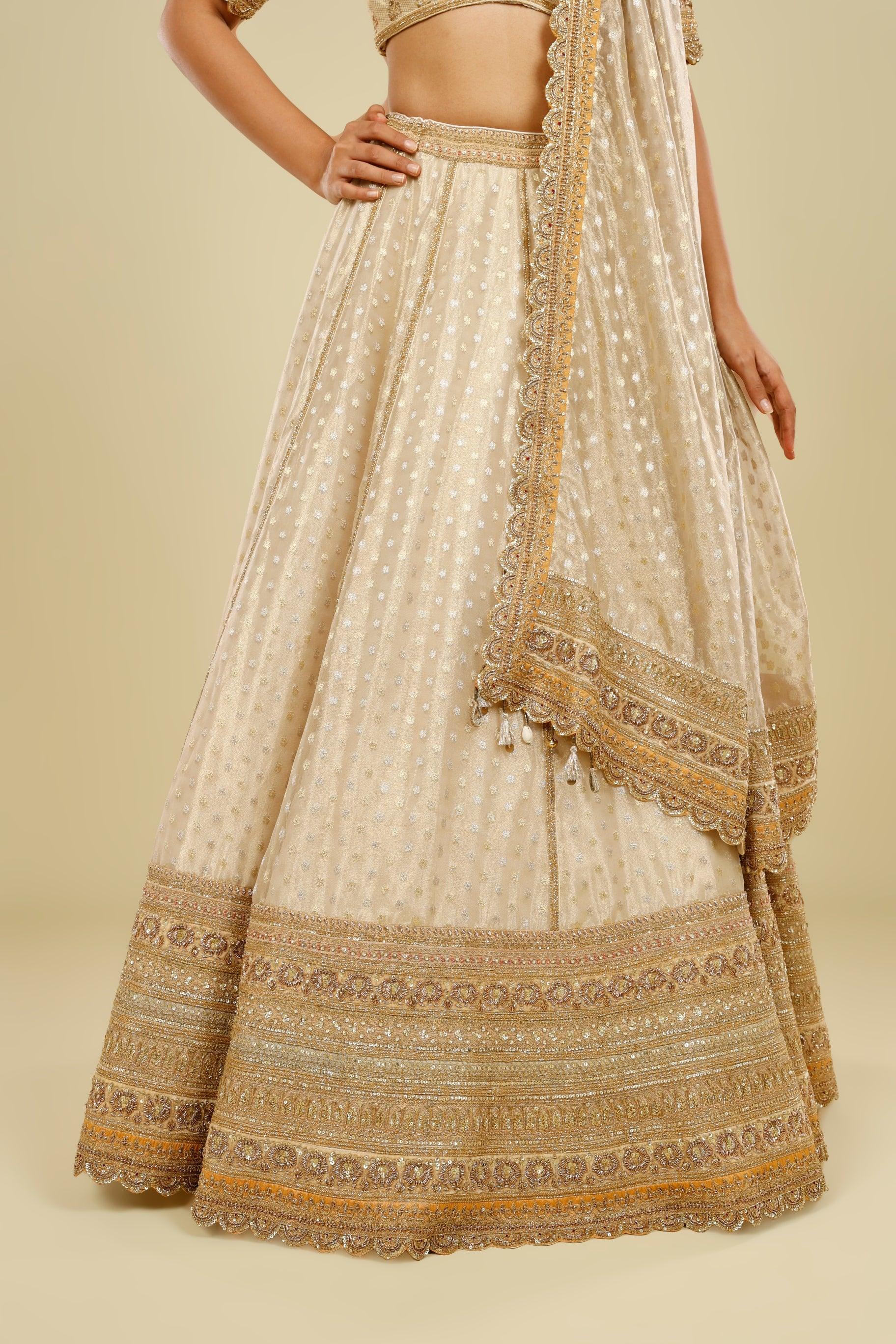 Ivory Banarasi Tissue Organza Lehenga Set with Zardozi, Zari & Sequin Embroidery - Mokshaa