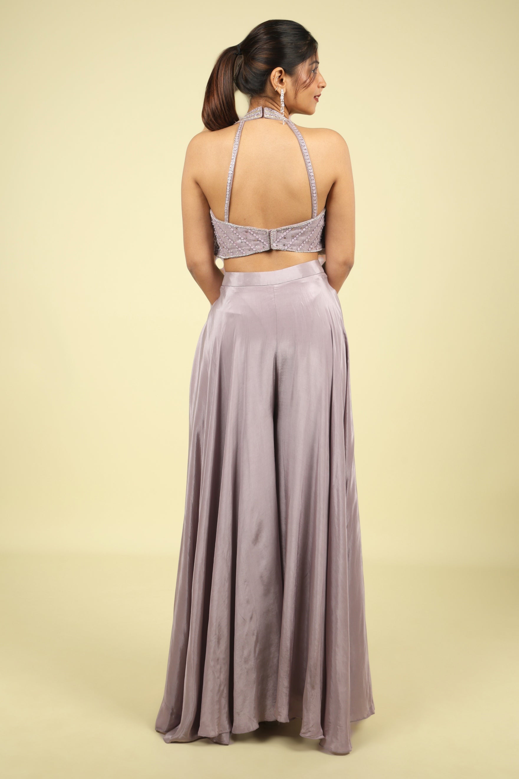 Lavender Embroidered Crepe Halter Palazzo Set - Mokshaa