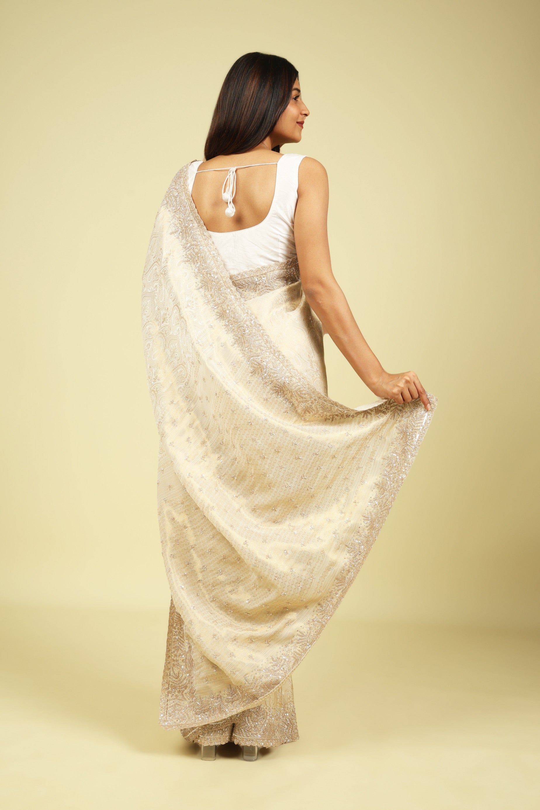 Off White Handloom Silk Saree with Banarasi Zari Weaving & Bead-Sequin Border - Mokshaa