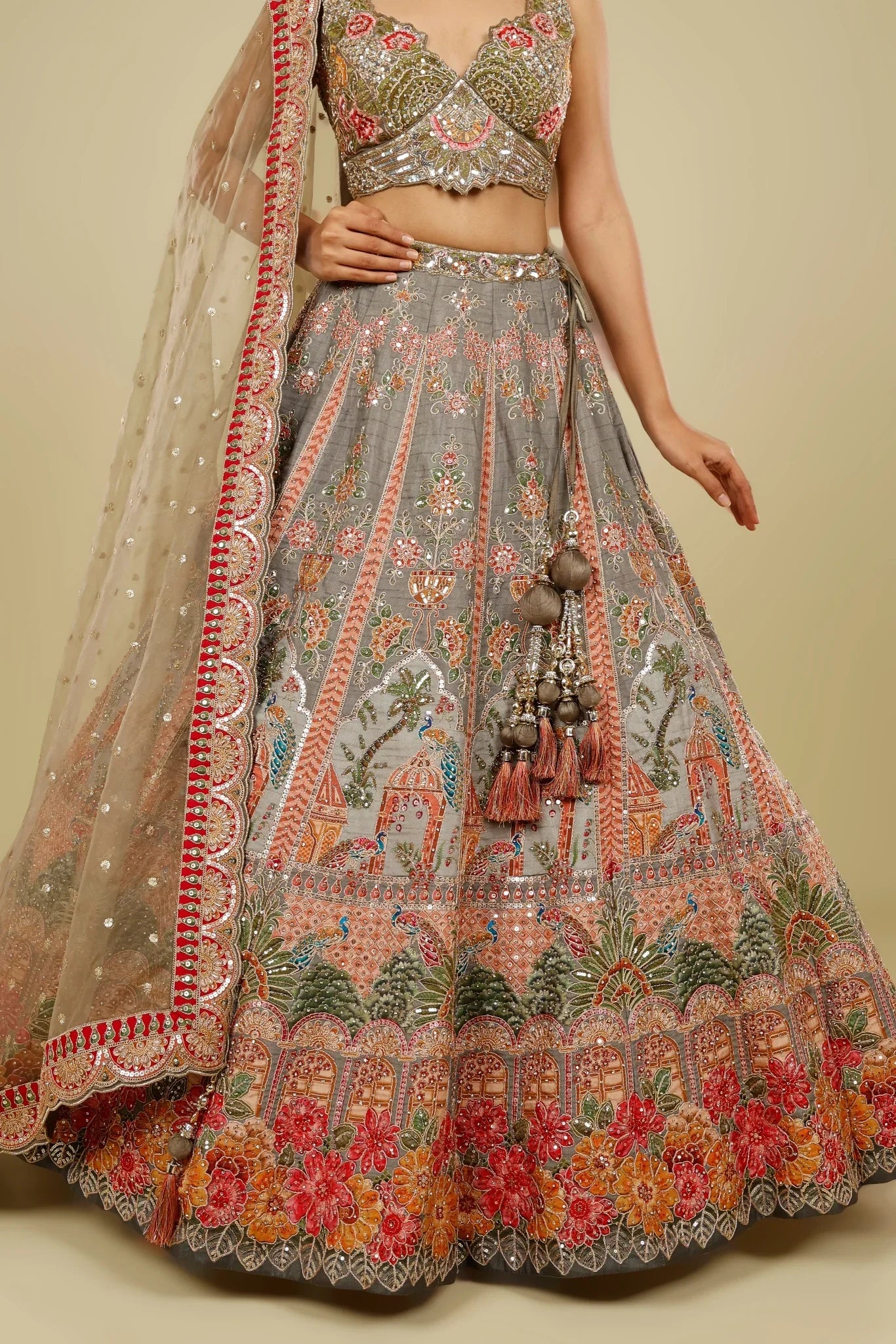 Grey Silk Lehenga Set with Zari, Stone & Sequin Embroidery - Mokshaa
