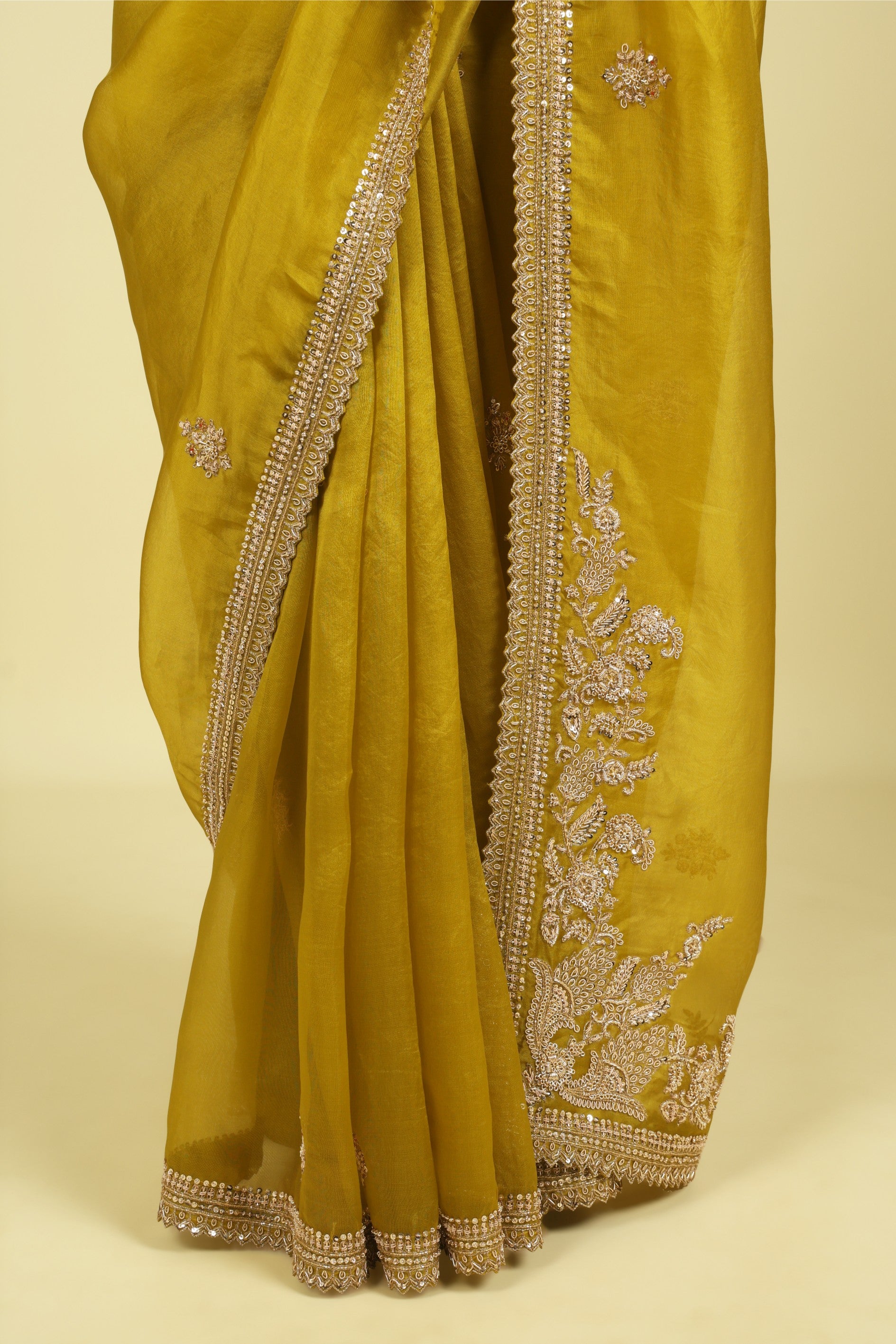 Lime Green Organza Saree with Zardoosi, Sequin Buttas & Embroidered Border - Mokshaa