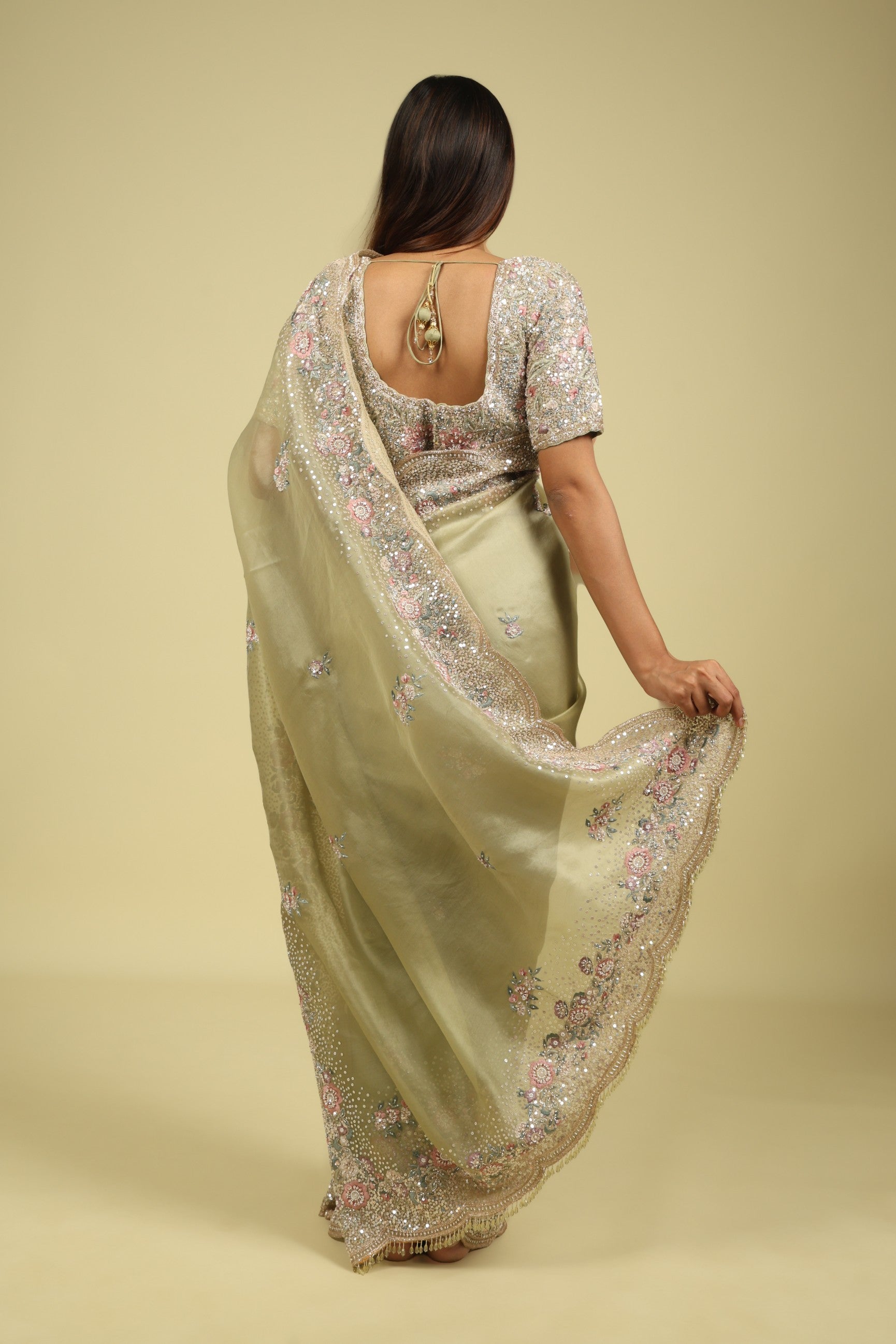 Light Green Organza Saree with Sequin & Thread Embroidery Motifs - Mokshaa