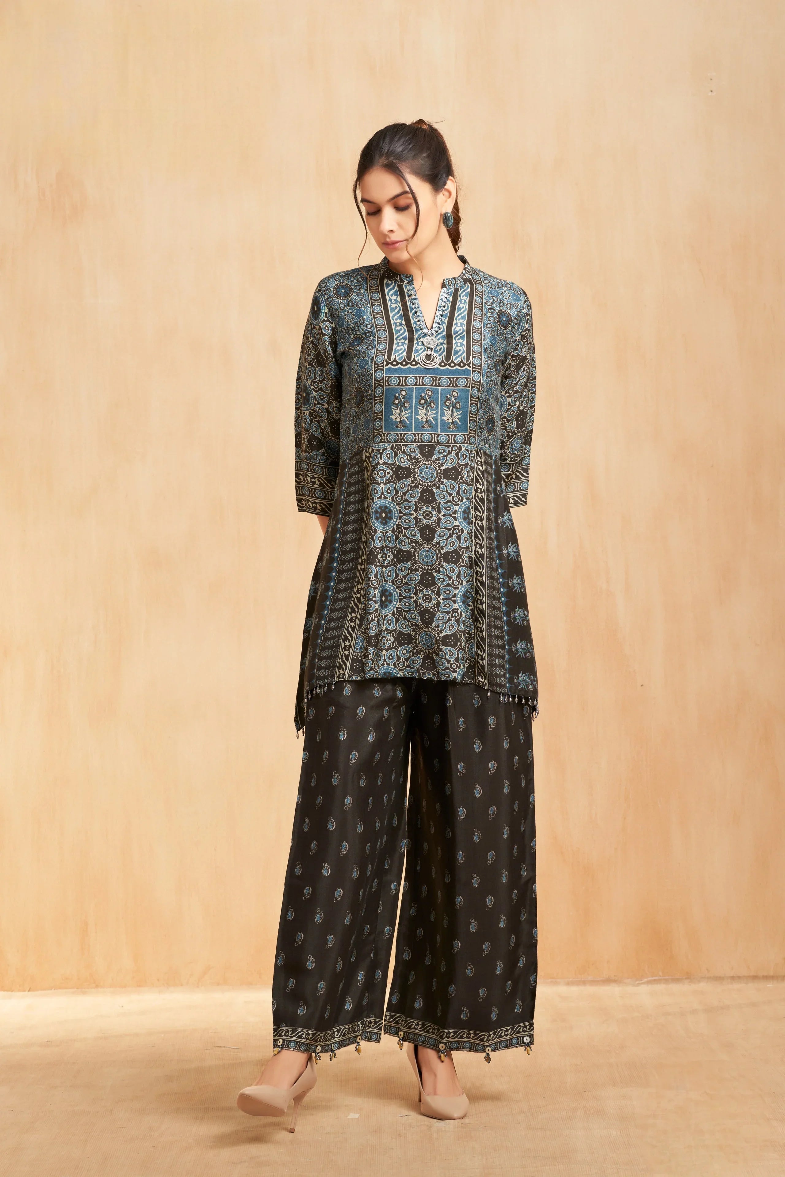 Midnight Indigo Printed Silk Kurta Set with Ethnic Panel Motifs - Mokshaa