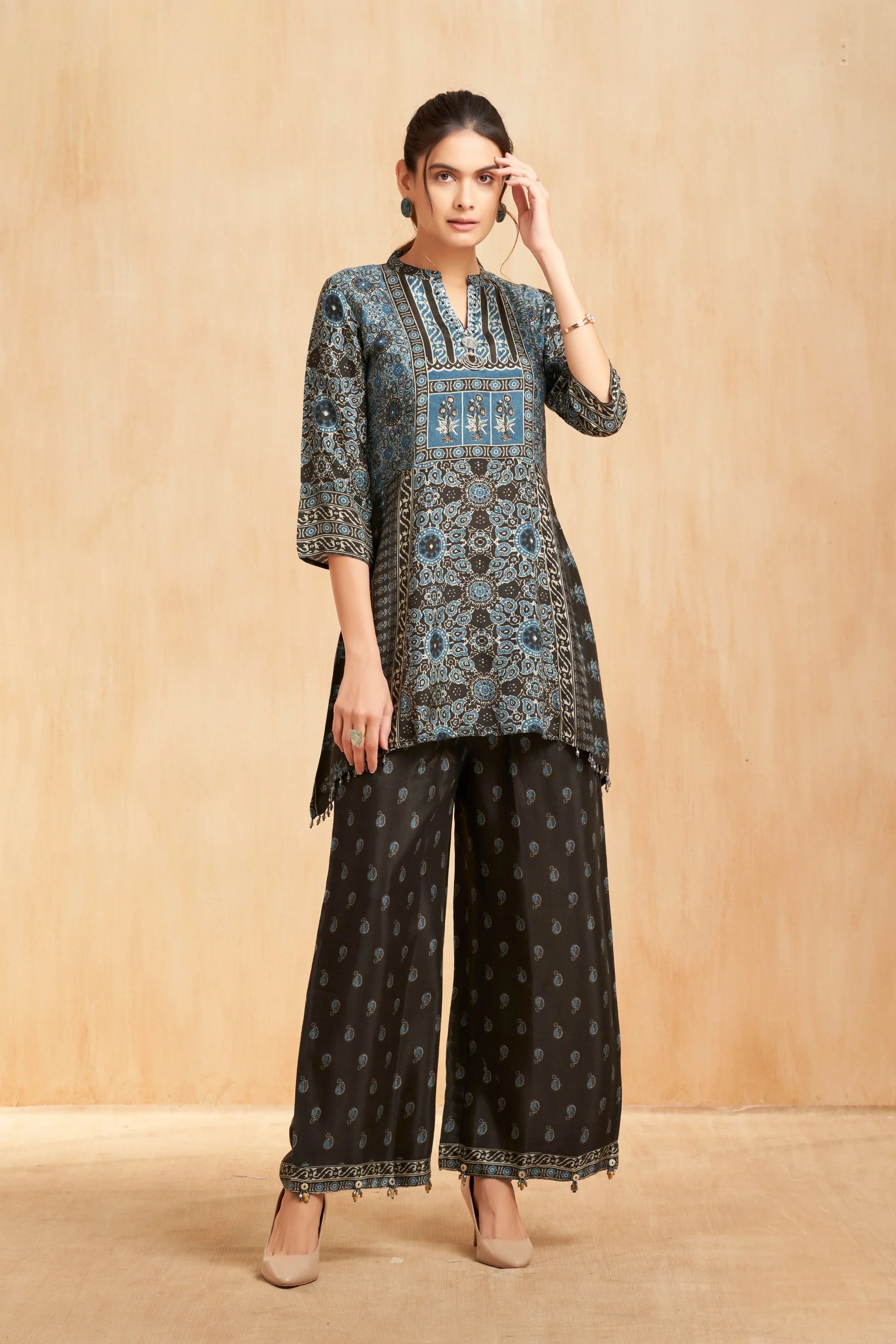 Midnight Indigo Printed Silk Kurta Set with Ethnic Panel Motifs - Mokshaa