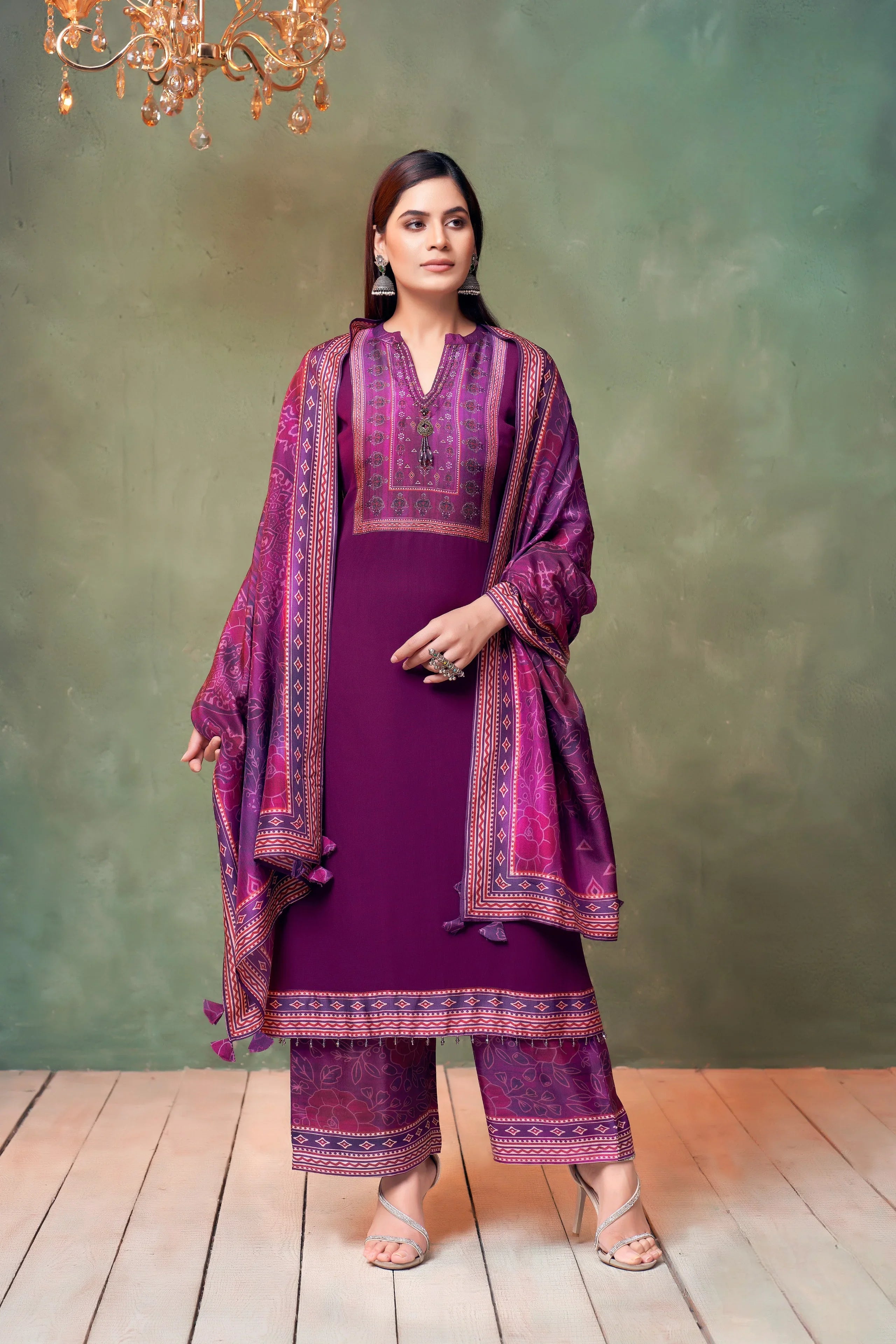 Wine Purple Printed Georgette Kurta Set with Coordinated Dupatta - Mokshaa