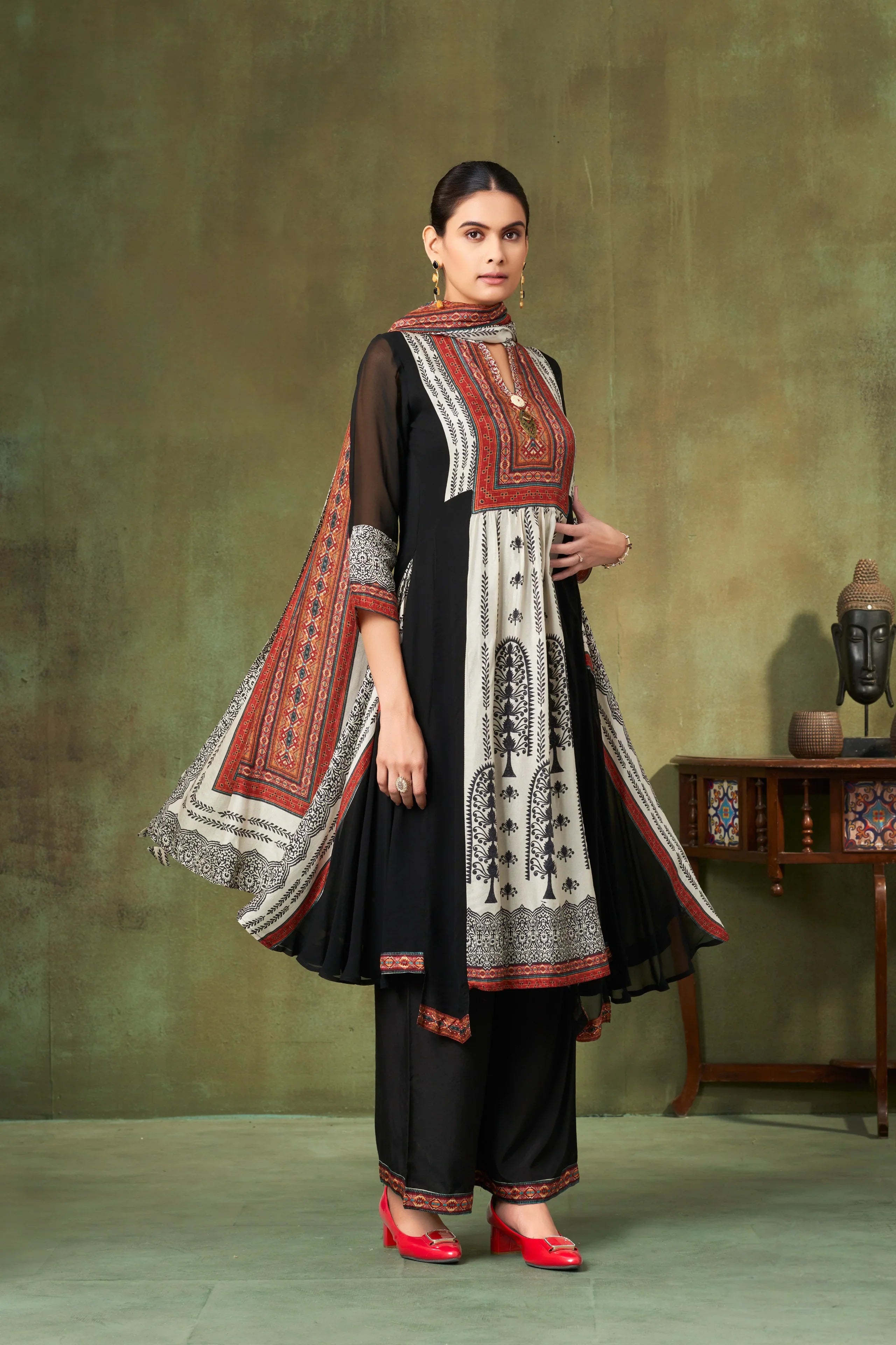 Black & Ivory Printed Georgette Kurta Set with Rust Ajrakh Accents - Mokshaa