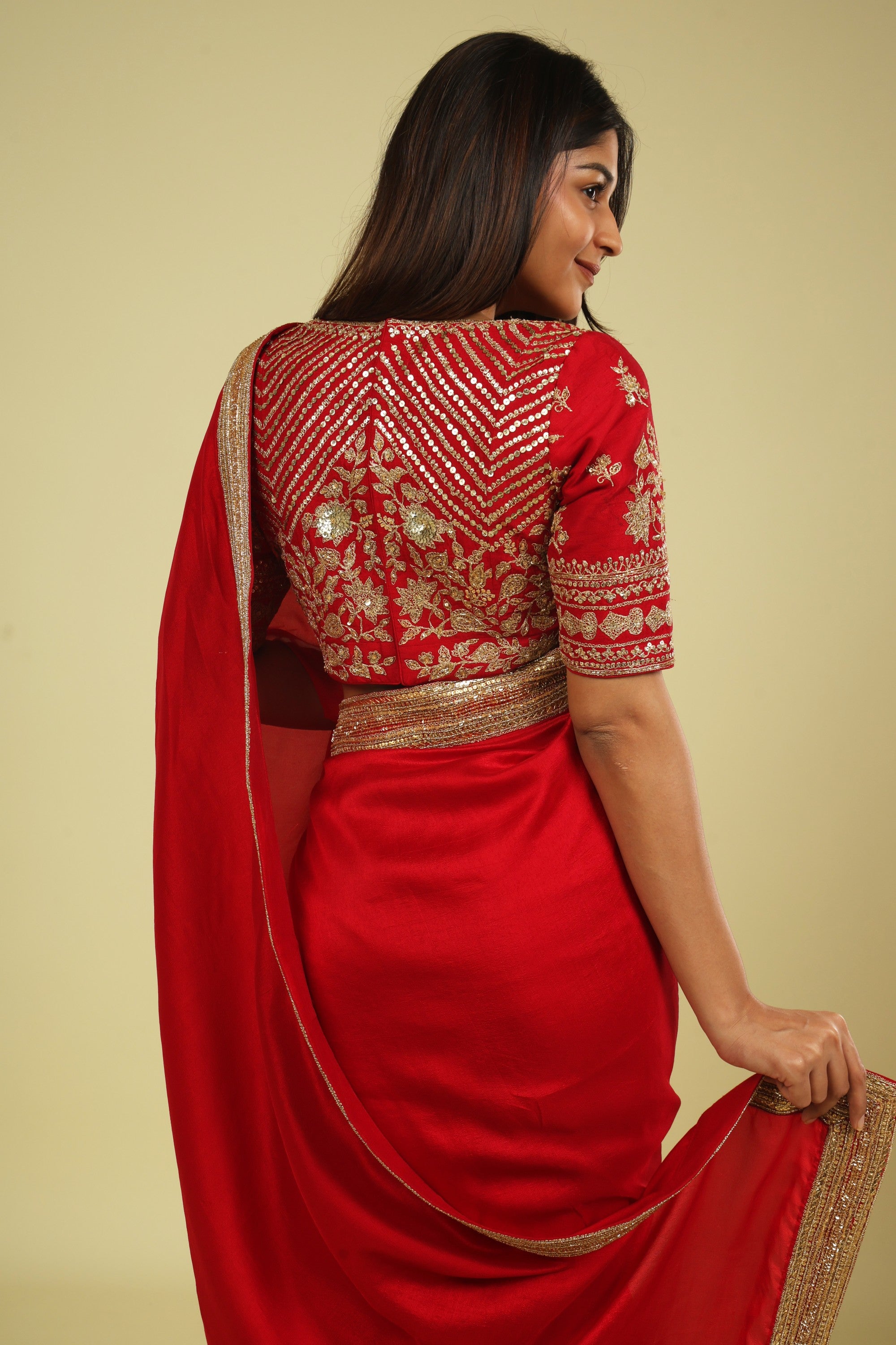 Red Tussar Georgette Saree with Bead & Sequin Border - Mokshaa