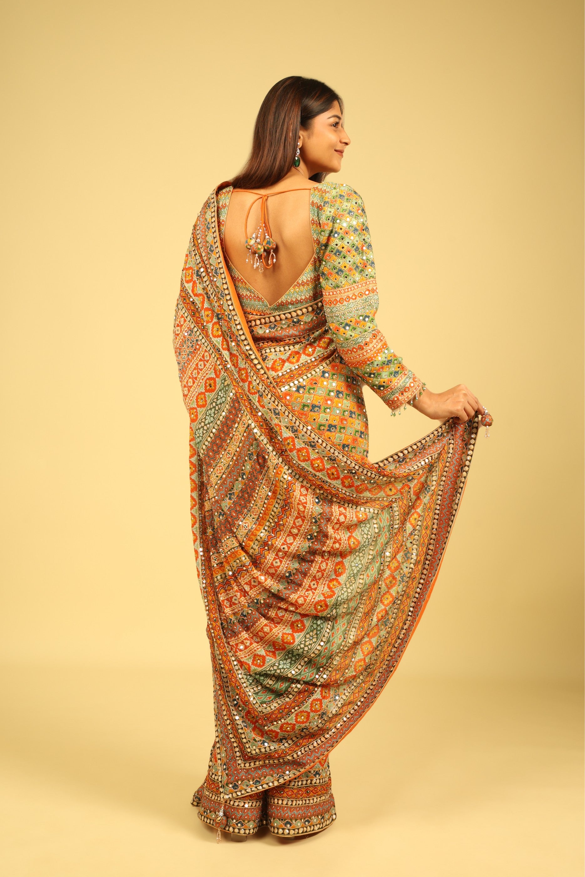 Multicolour Soft Georgette Saree with Digital Print, Sequin & Mirror Highlights - Mokshaa