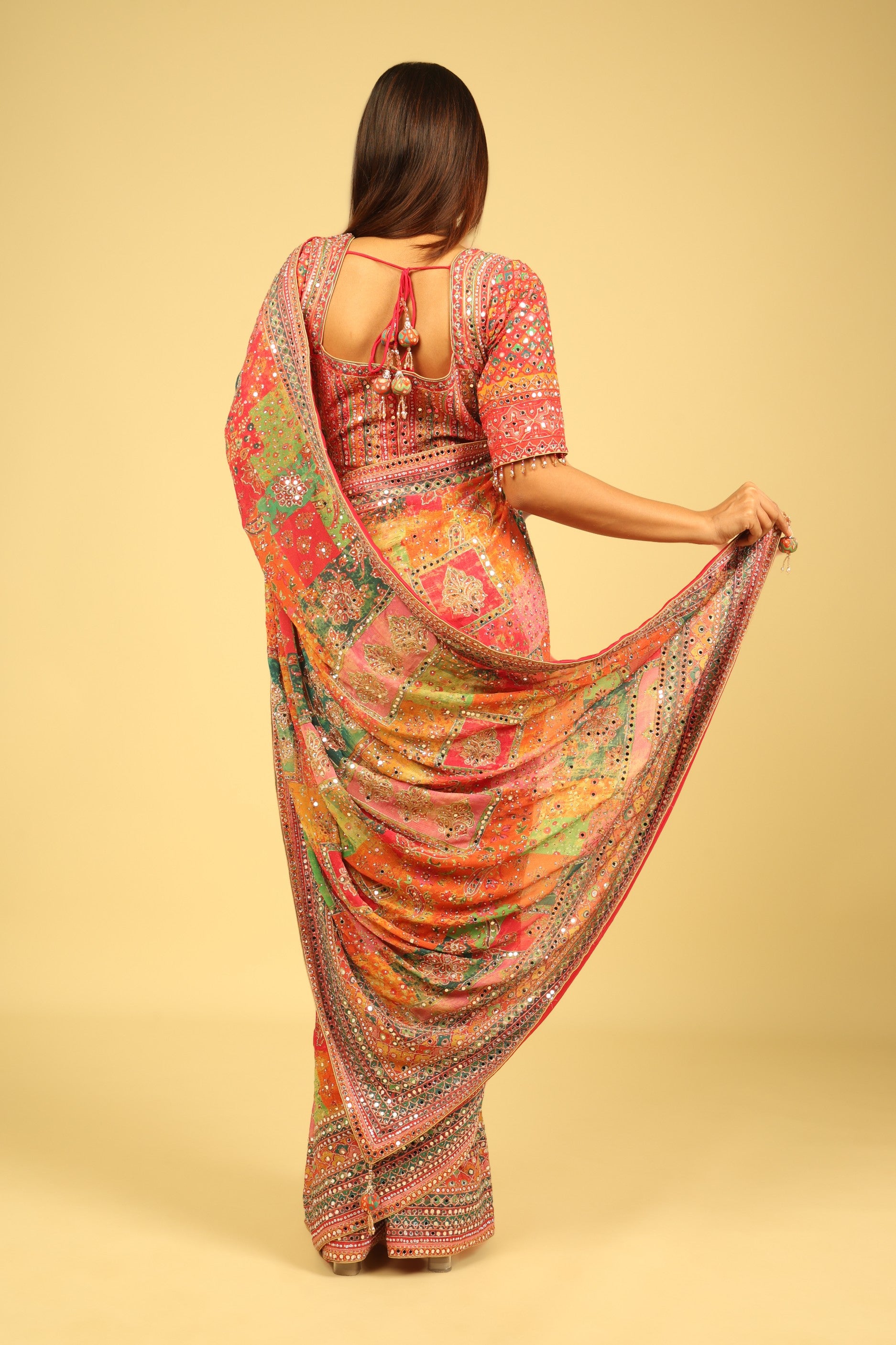 Multicolour Soft Georgette Saree with Digital Print, Sequin & Mirror Highlights - Mokshaa