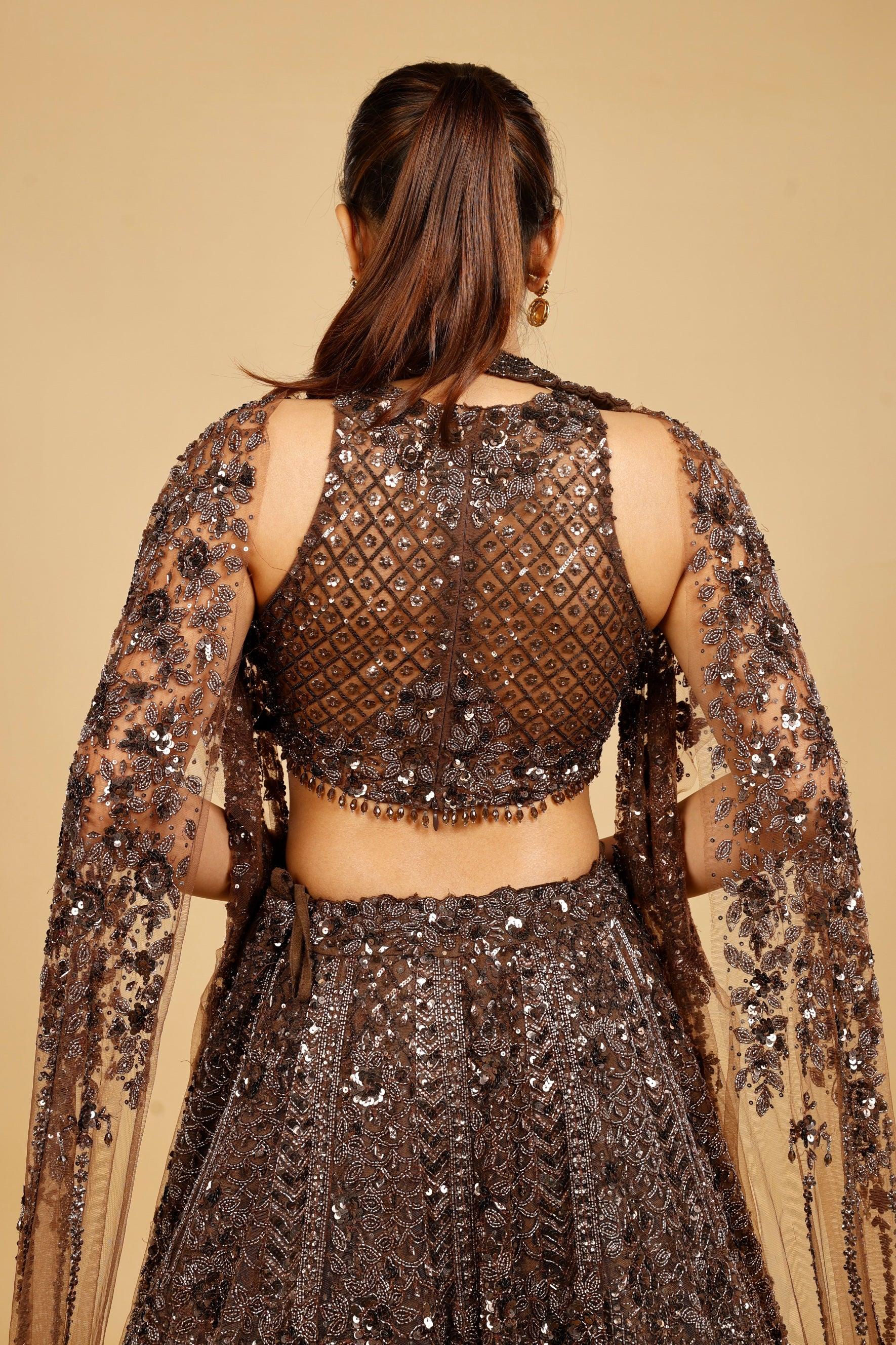 Brown Net Lehenga Set with Sequin, Kutdana & Pearl Embroidery - Mokshaa