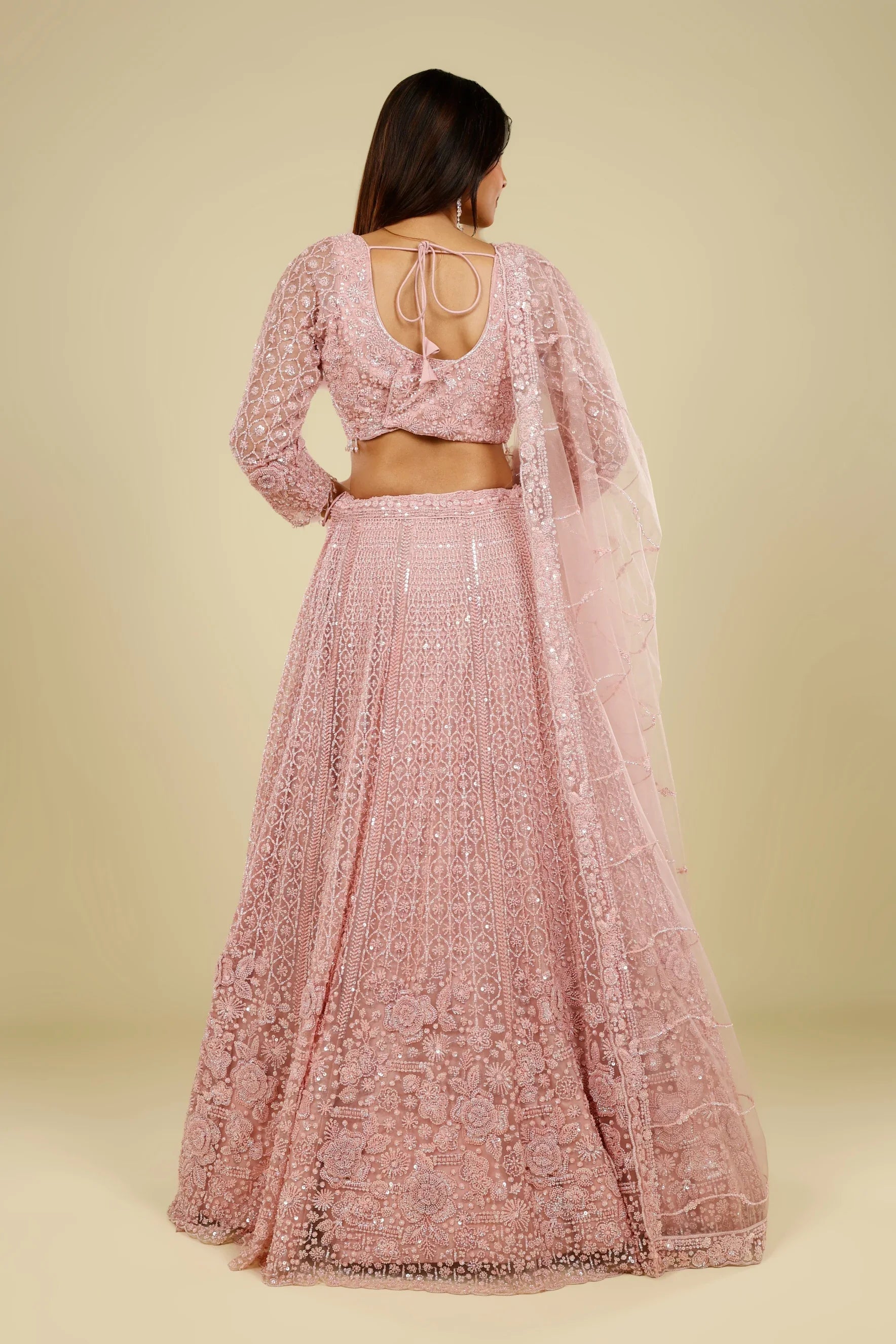 Blush Pink Net Lehenga Set with Pearl, Sequin & Cutdana Embroidery - Mokshaa