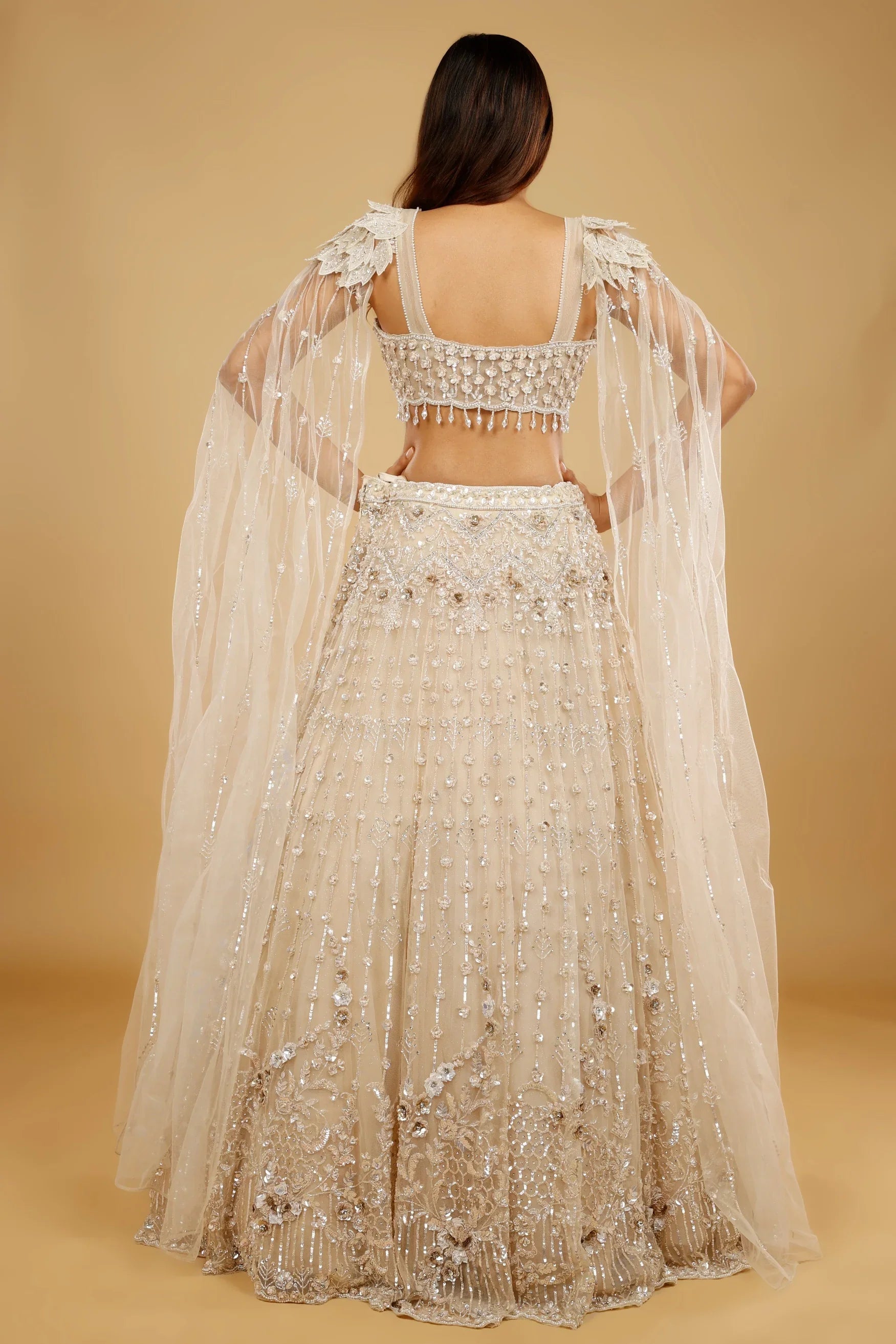 Beige Gold Net Lehenga Set with Sequin, Cutdana & Stone Embroidery - Mokshaa