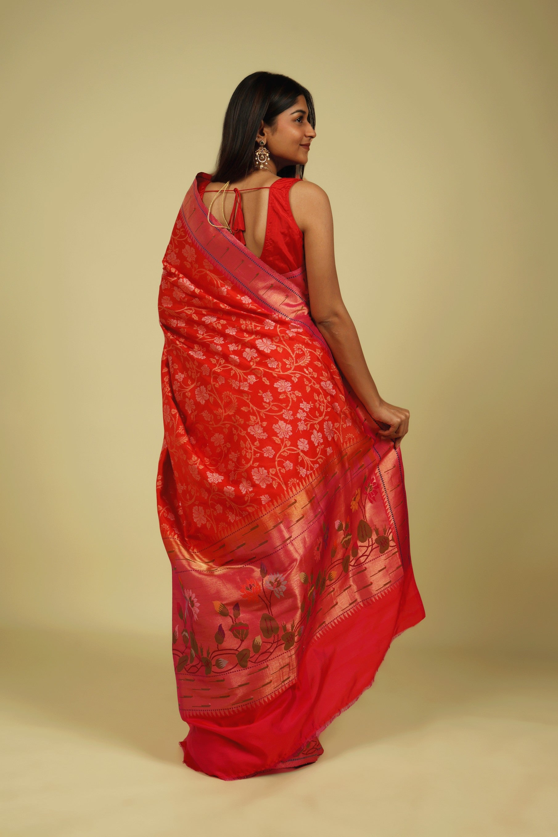 Orange Banarasi Silk Saree with Gold & Silver Zari Jaal and Jamdani Border - Mokshaa