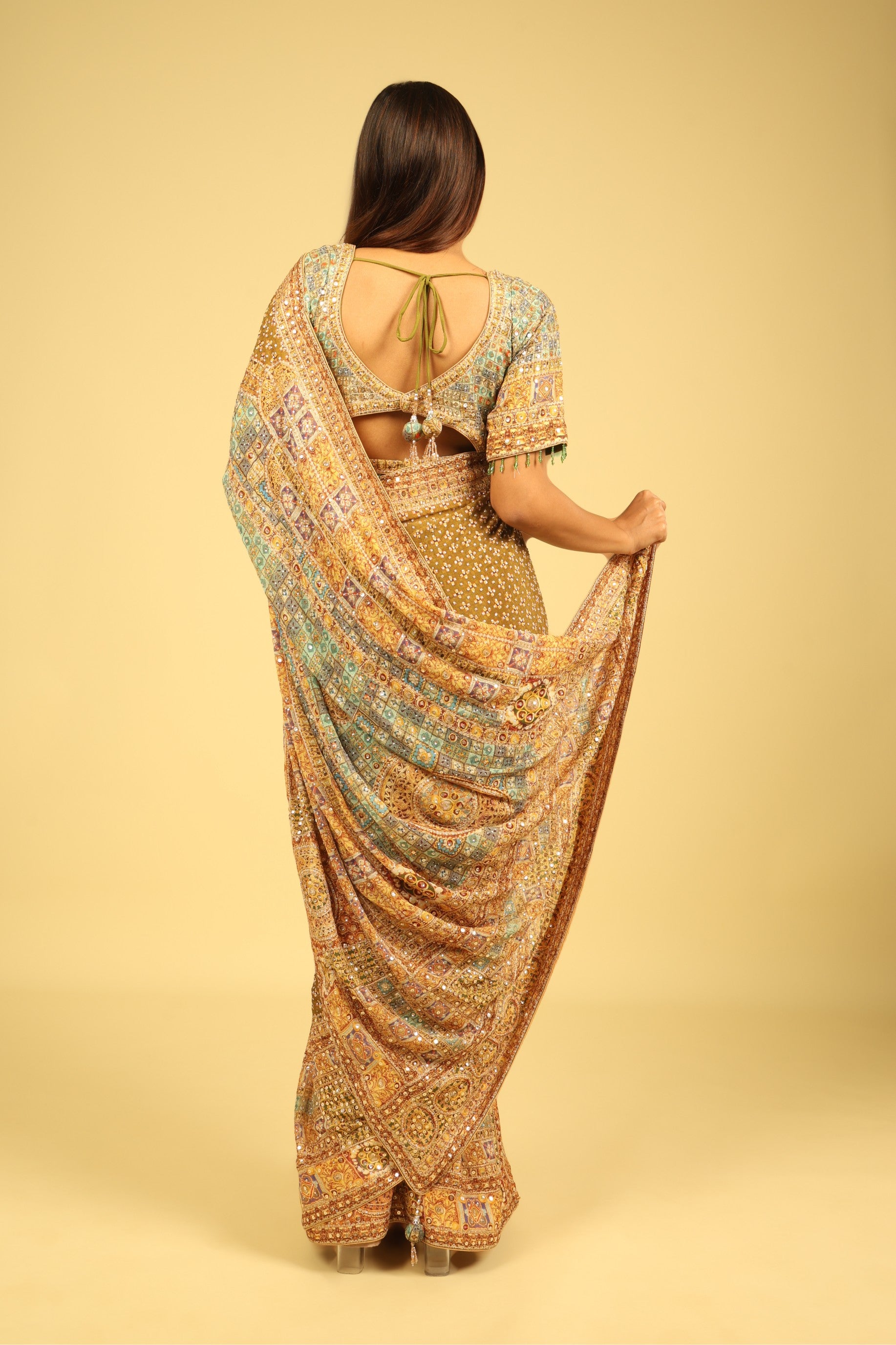 Dusty Green Soft Georgette Saree with Multicolour Digital Print, Sequin & Mirror Highlights - Mokshaa