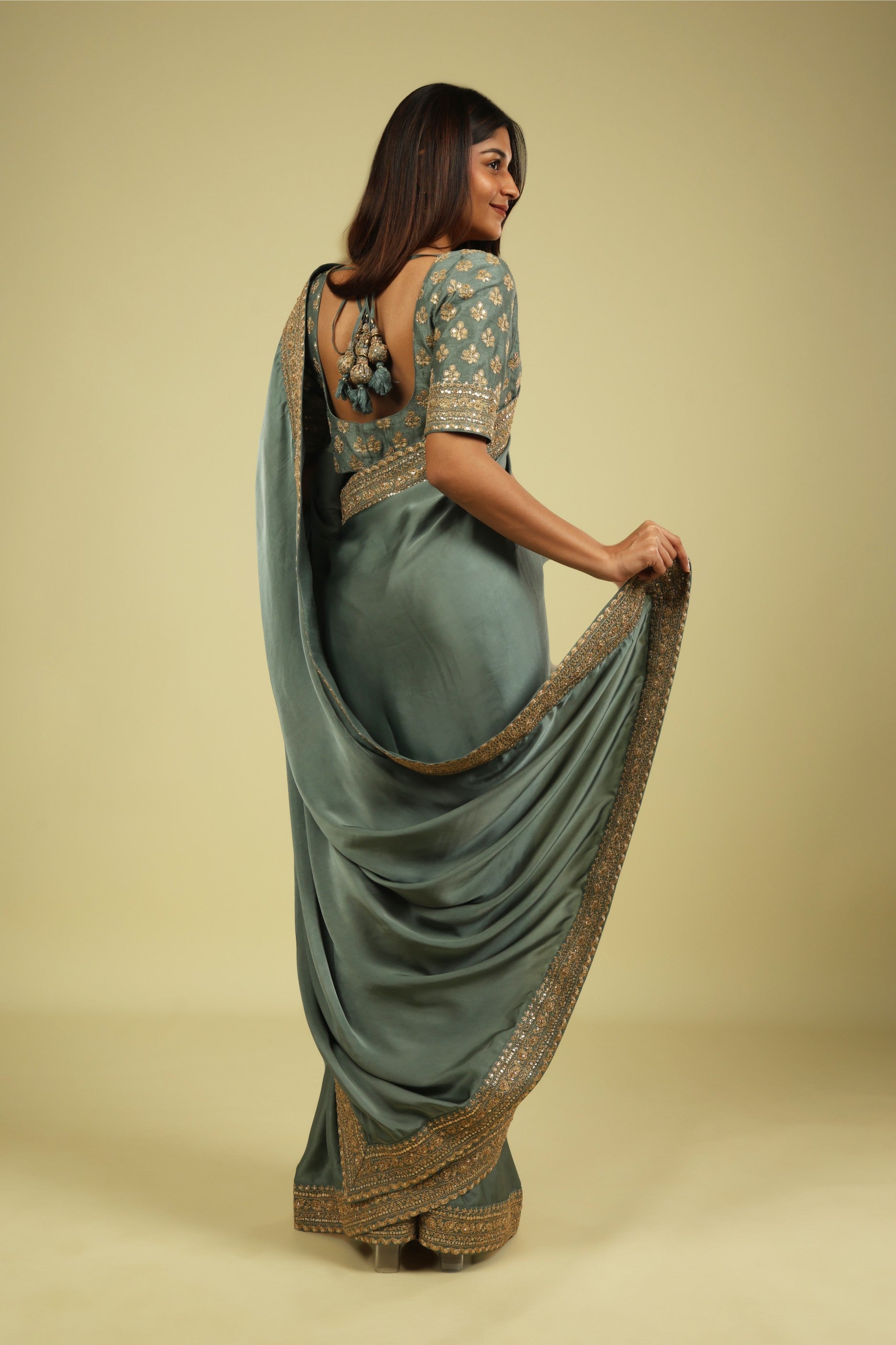 Powder Blue Satin Saree with Zari Thread Border & Zari Motif Blouse - Mokshaa