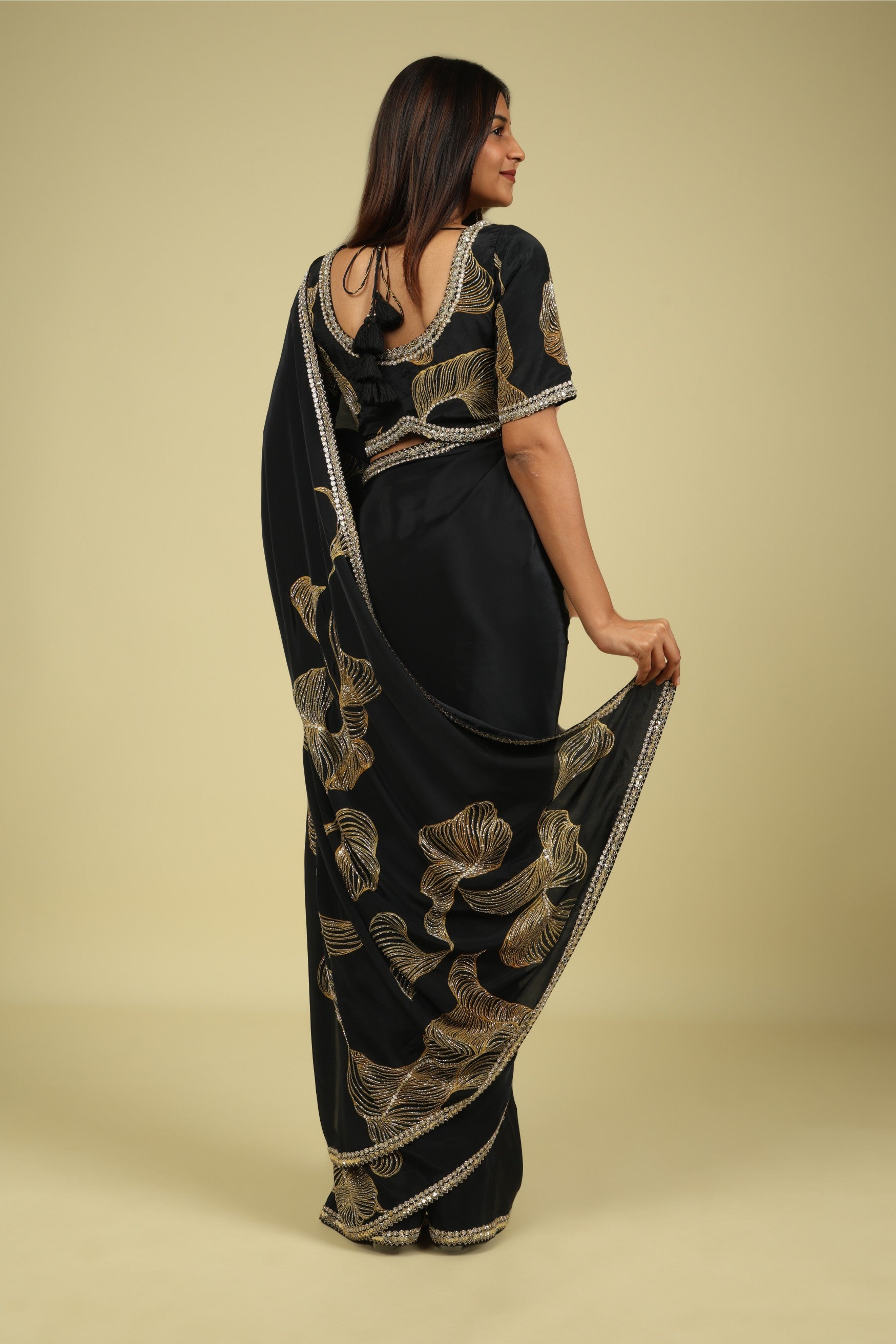 Black Satin Saree with Kardana & Sequin Fancy Work - Mokshaa