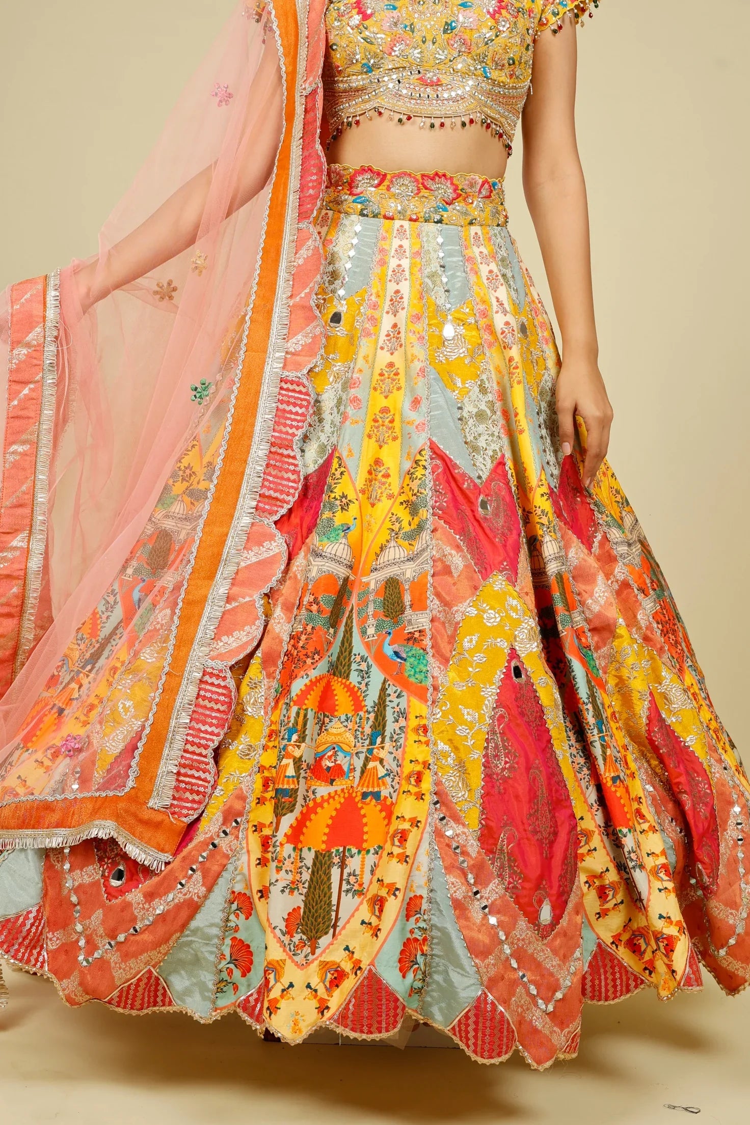 Multicolour Printed Silk Patchwork Lehenga Set with Mirror & Zari Embroidery - Mokshaa