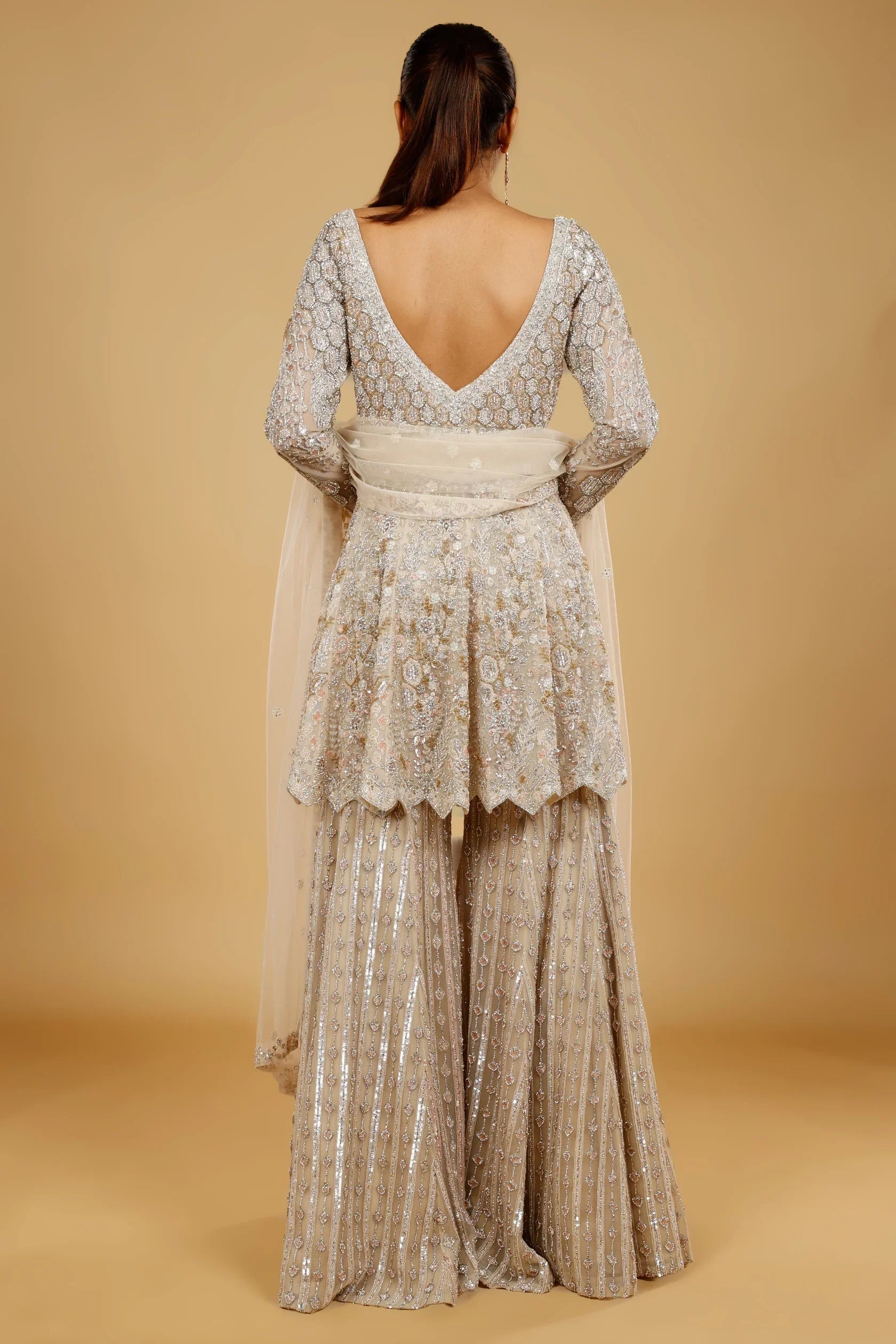 Ivory Net Sharara Set with Stone, Kundan & Sequin Embroidery - Mokshaa