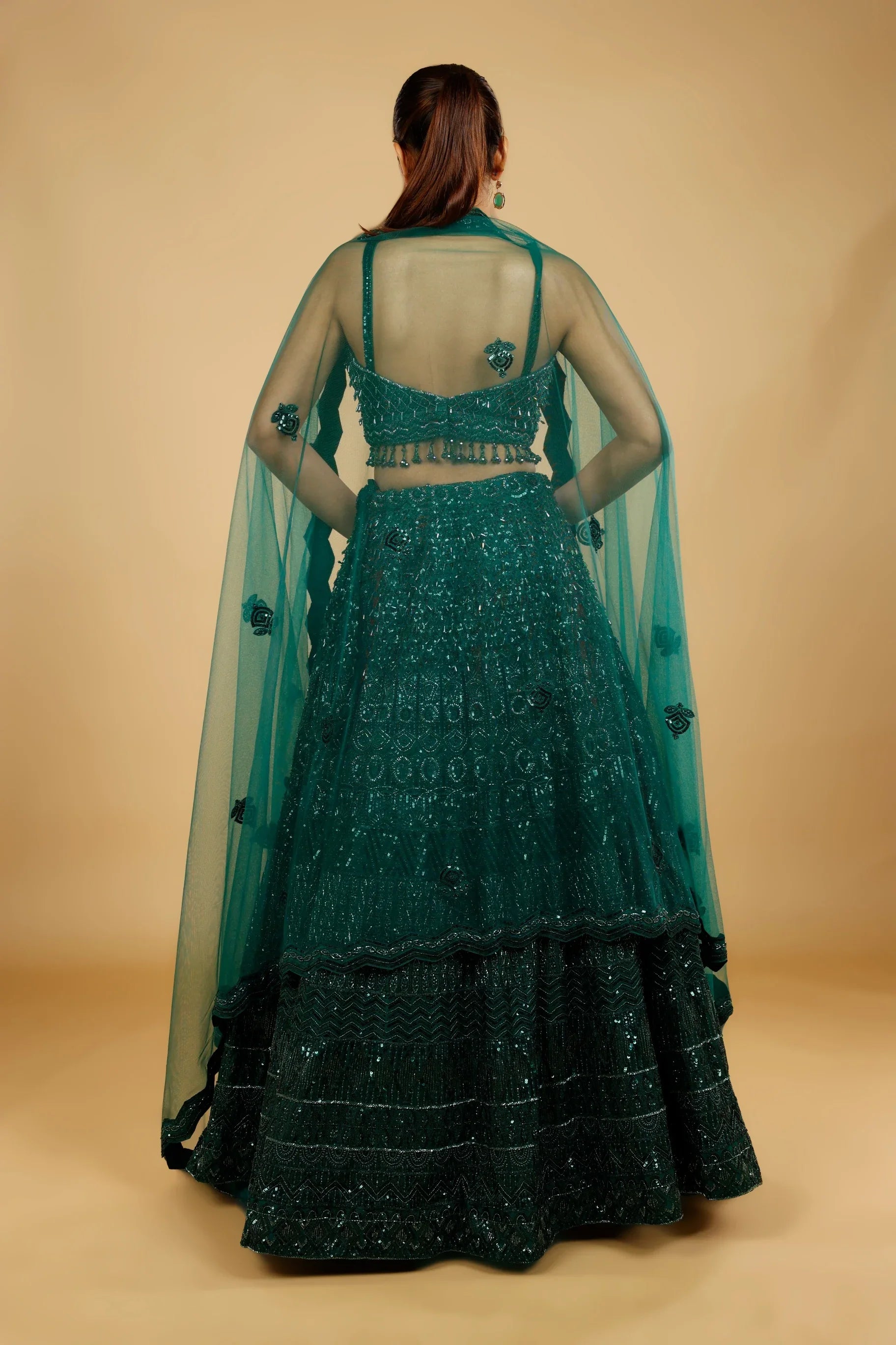 Bottle Green Net Lehenga Set with Sequin, Cutdana & Pearl Embroidery - Mokshaa