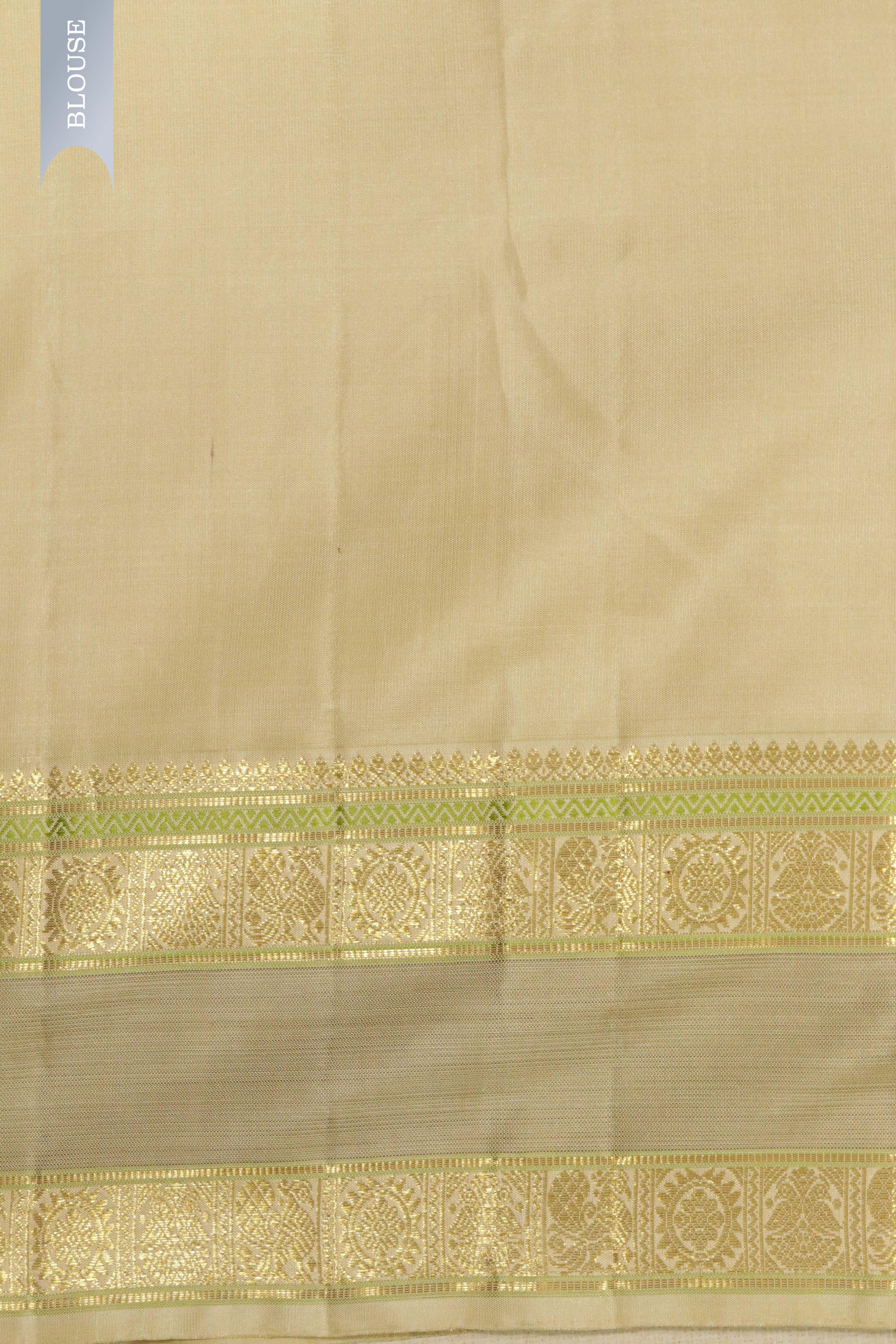 Bottle Green Kanchipuram Silk Saree with Silver & Gold Zari Thread Motifs and Contrast Border - Mokshaa
