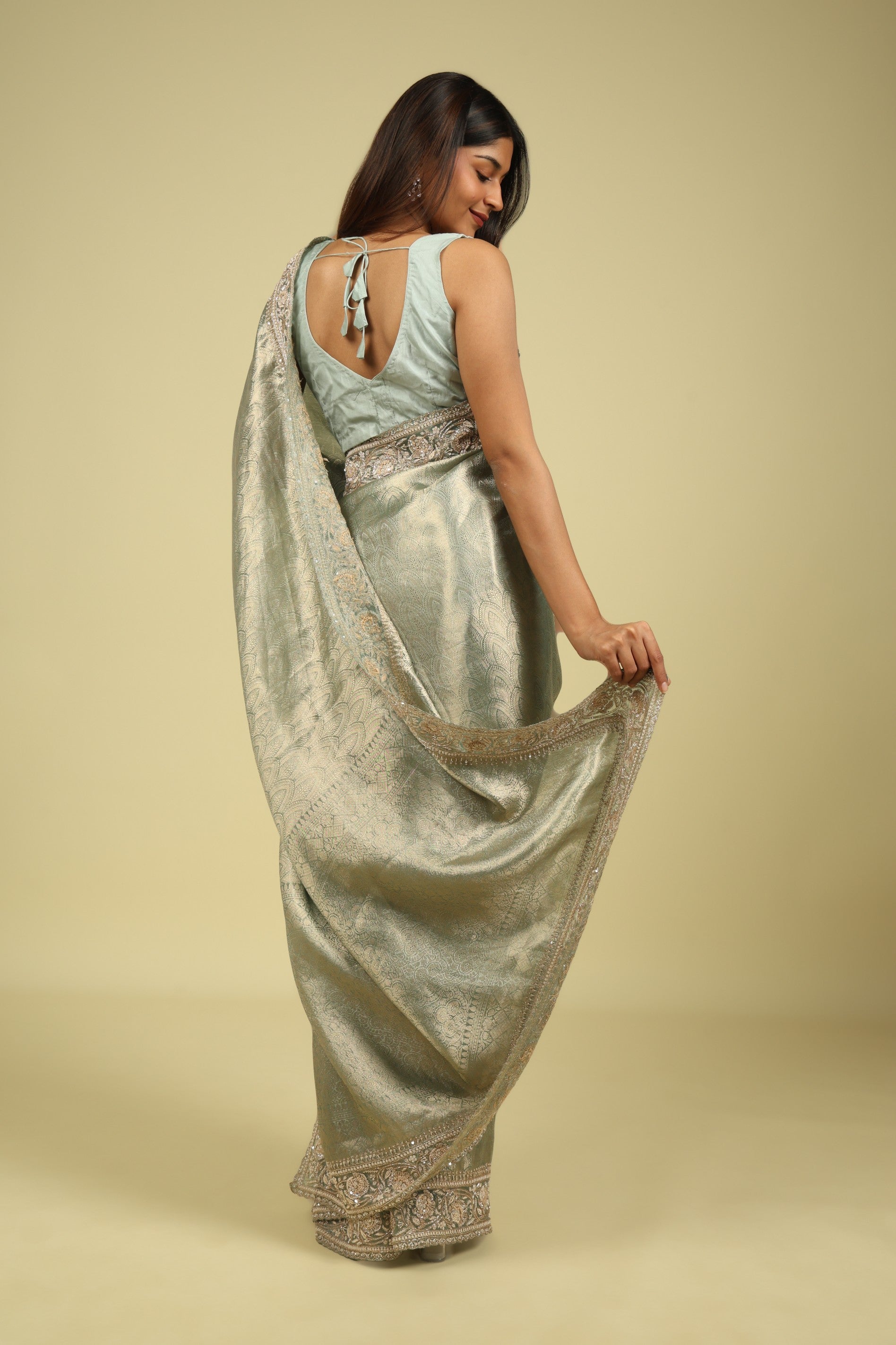 Sea Blue Banaras Tissue Saree with Pearl, Bead & Sequin Embroidered Border - Mokshaa