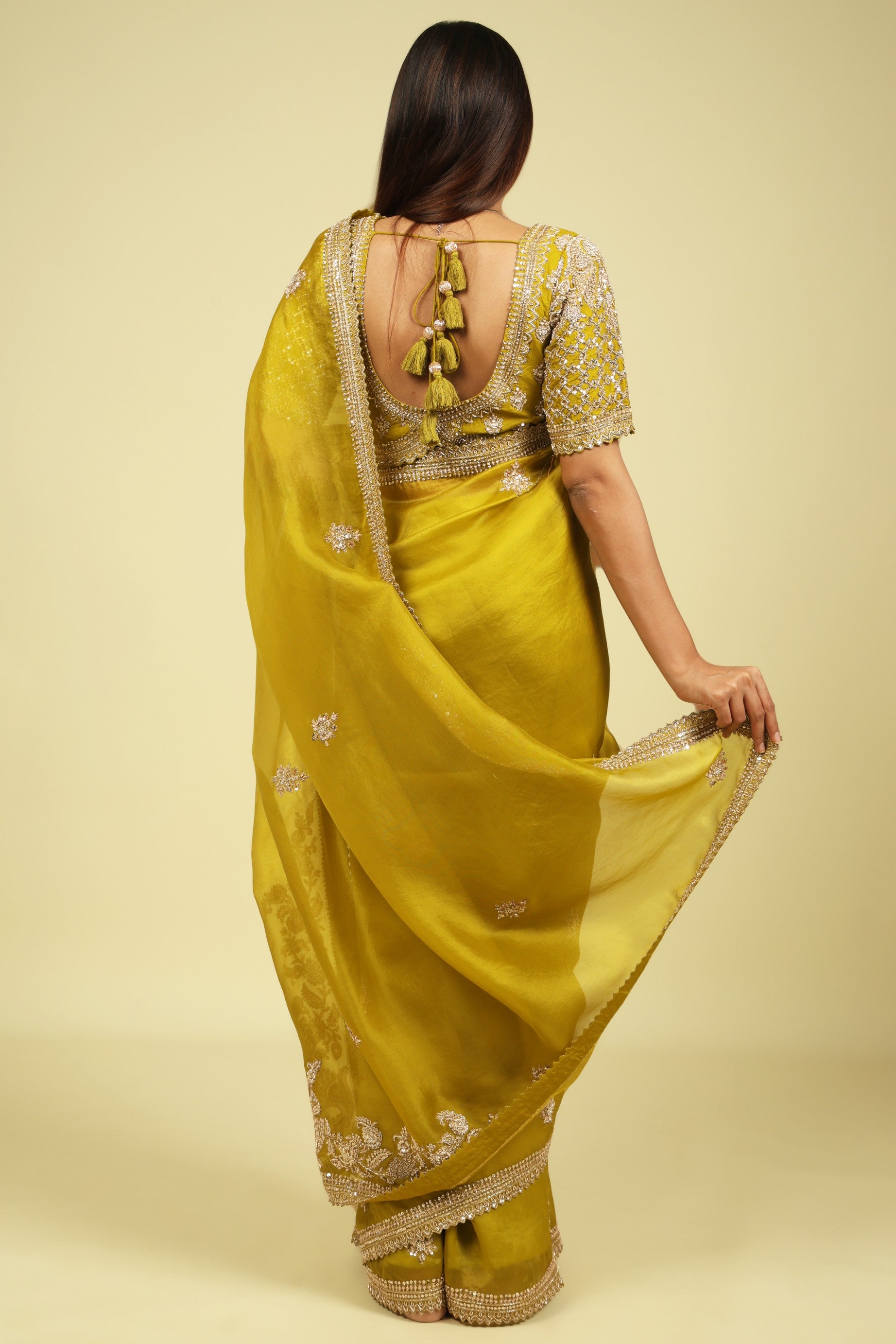 Lime Green Organza Saree with Zardoosi, Sequin Buttas & Embroidered Border - Mokshaa