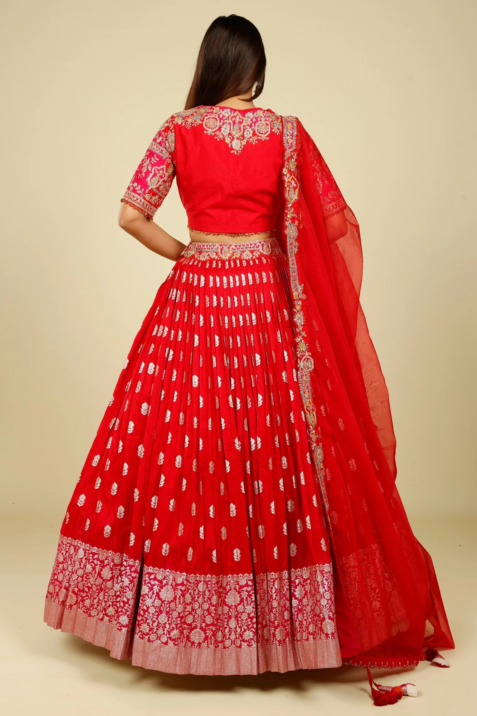 Red & Pink Banarasi Silk Lehenga Set with Zari & Sequin Embroidery - Mokshaa
