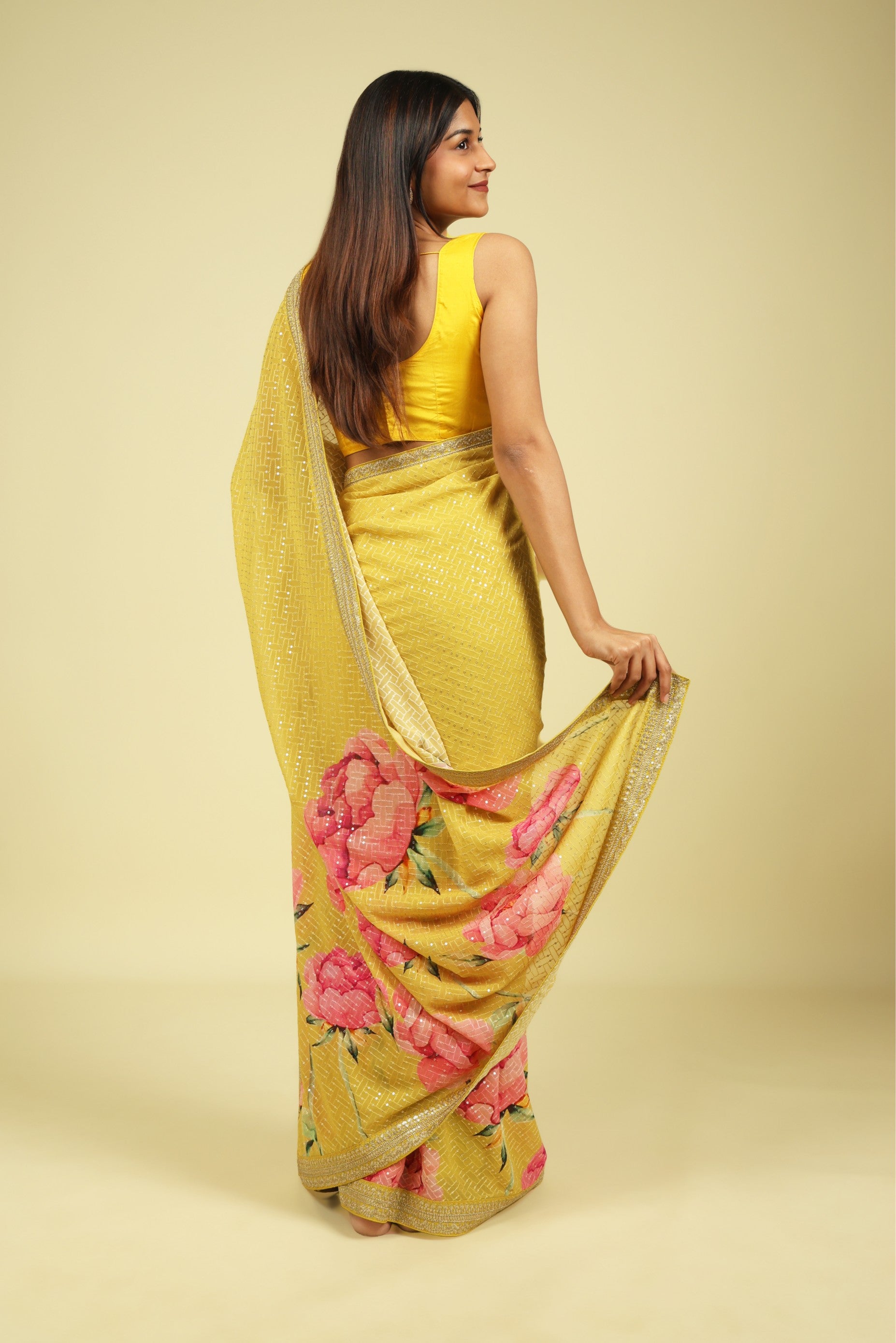 Lime Yellow Georgette Saree with Thread & Sequin Work and Digital Print Border - Mokshaa