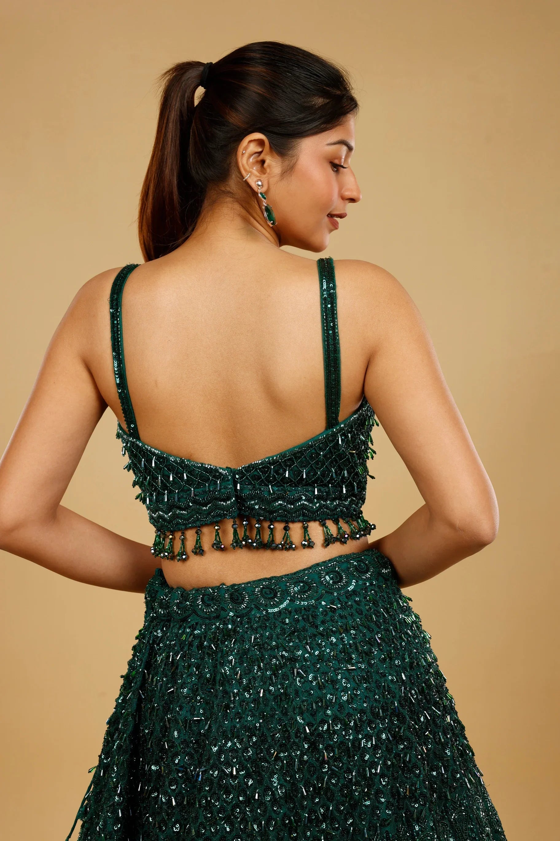 Bottle Green Net Lehenga Set with Sequin, Cutdana & Pearl Embroidery - Mokshaa
