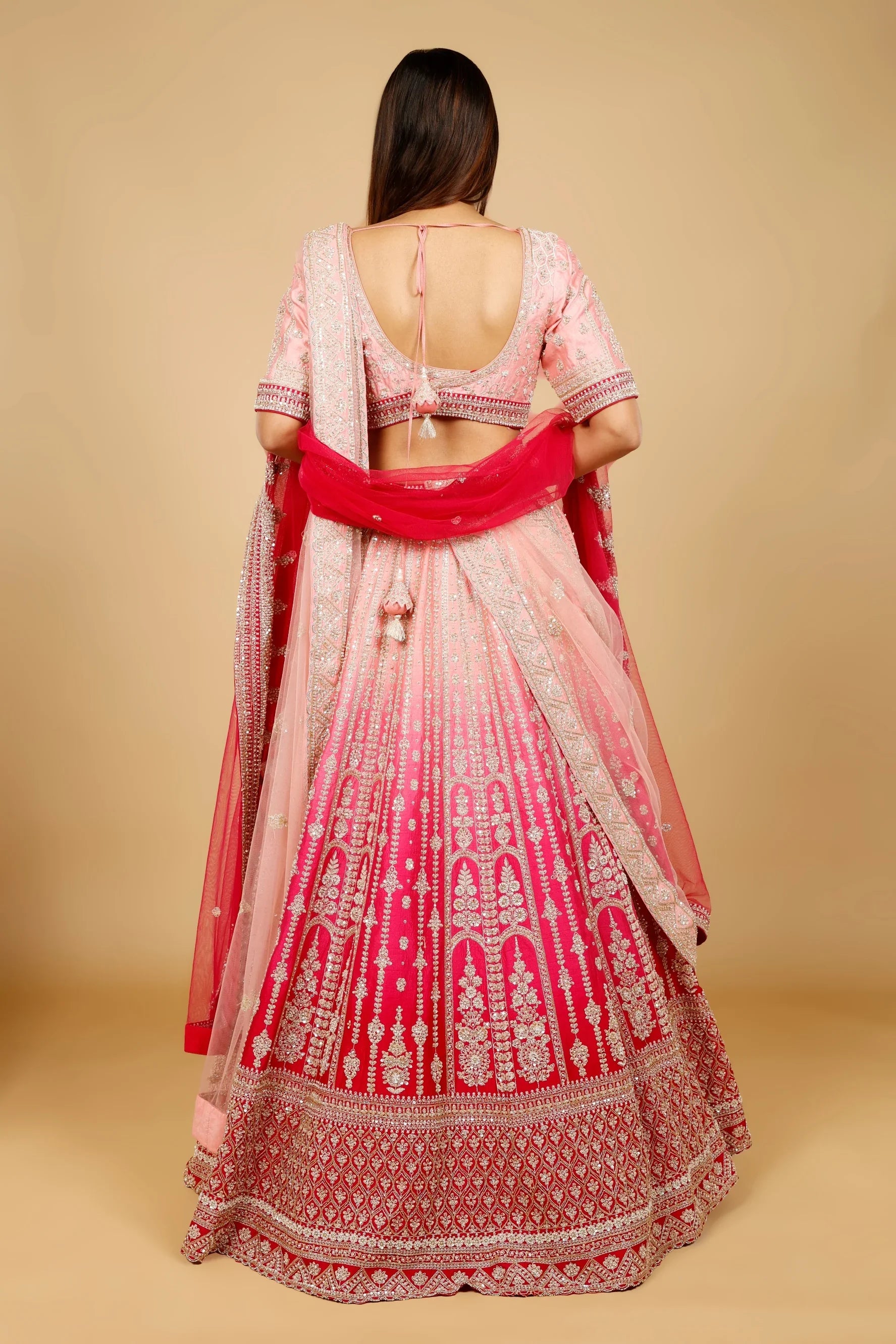 Pink Ombre Raw Silk Bridal Lehenga Set with Zari, Sequin & Zardozi Embroidery - Mokshaa