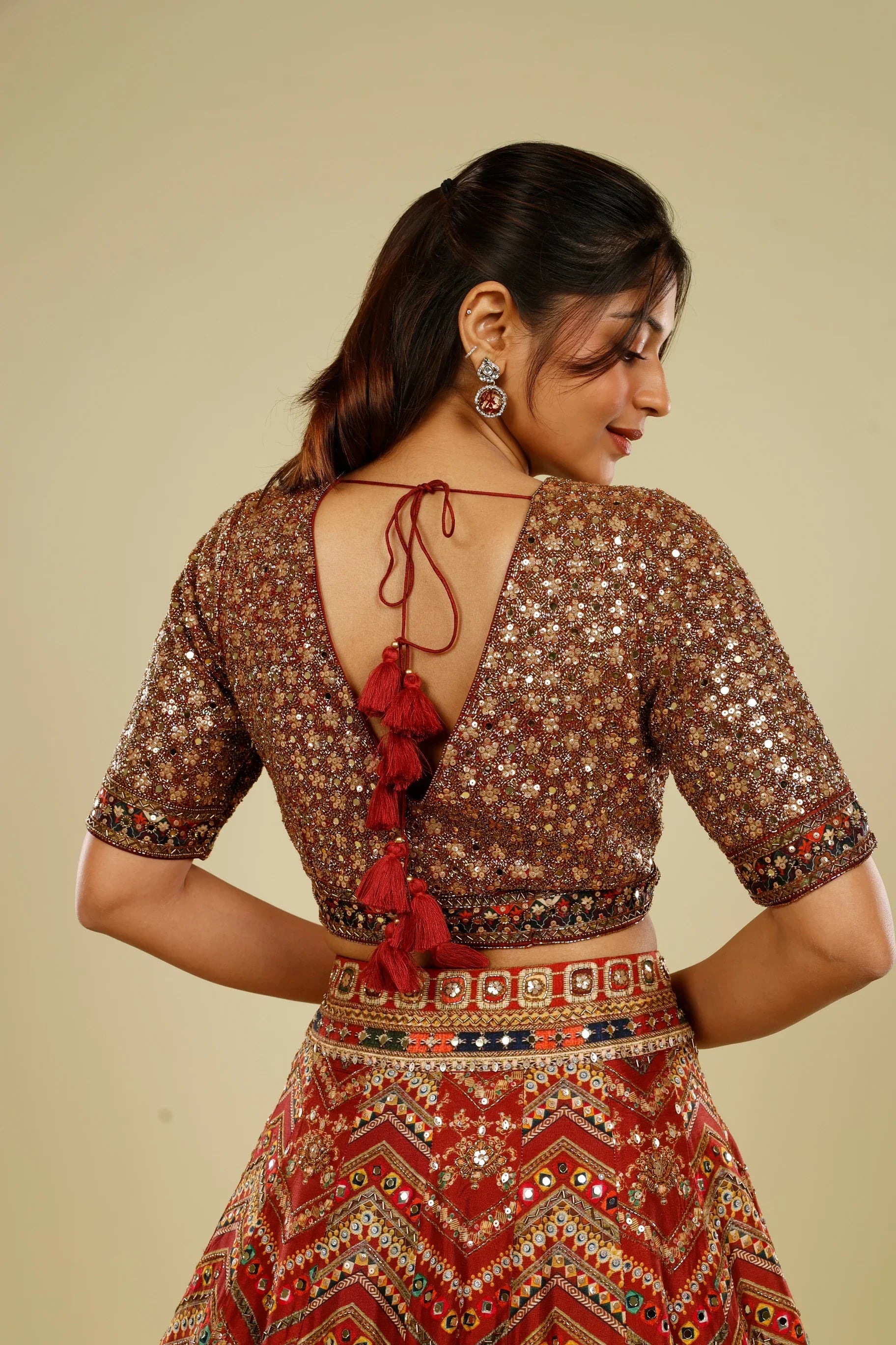 Rust Printed Silk Lehenga Set with Sequin & Kutdana Embroidery - Mokshaa