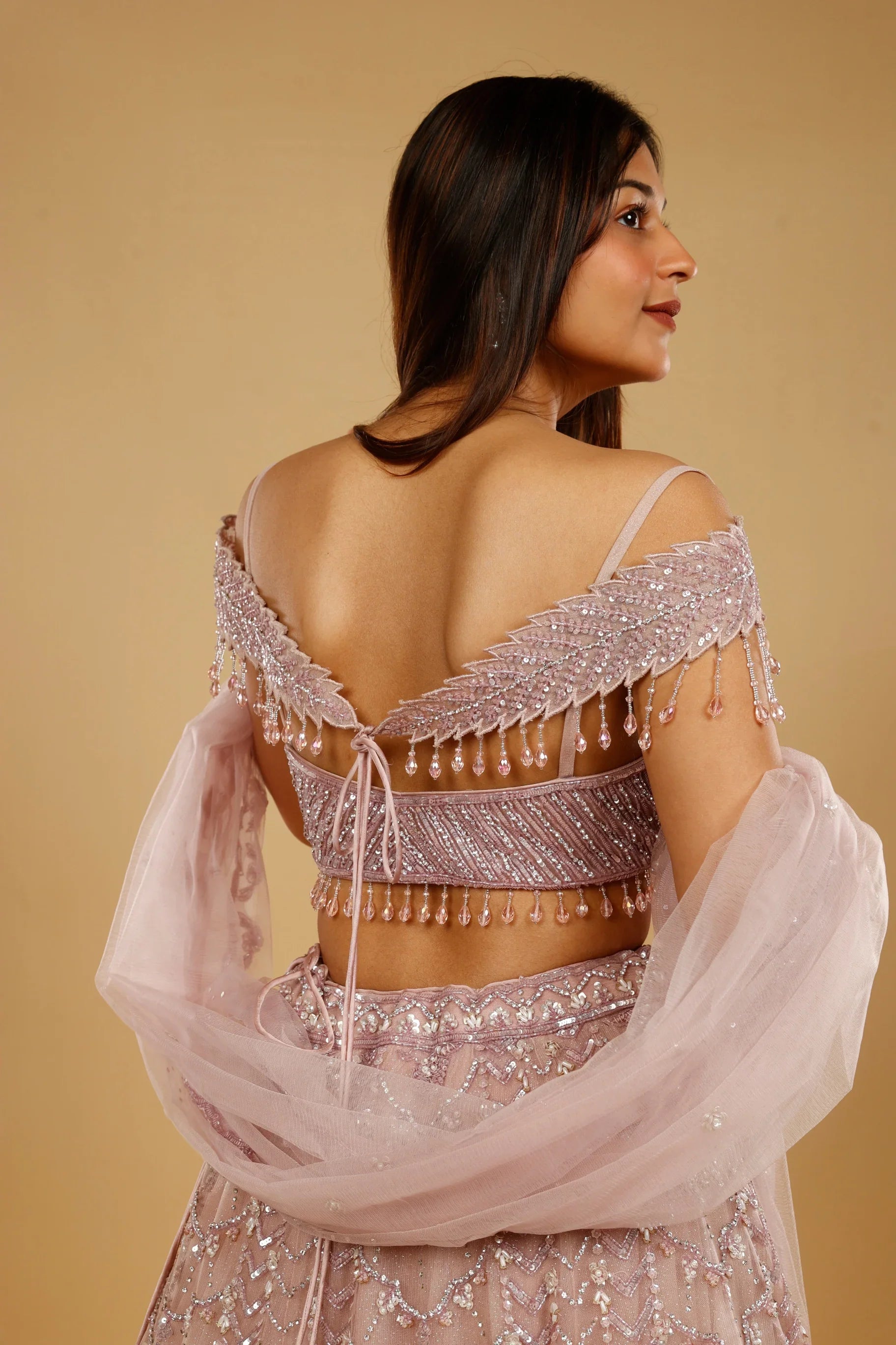 Mauve Net Lehenga Set with Sequin, Pearl & Cutdana Embroidery - Mokshaa