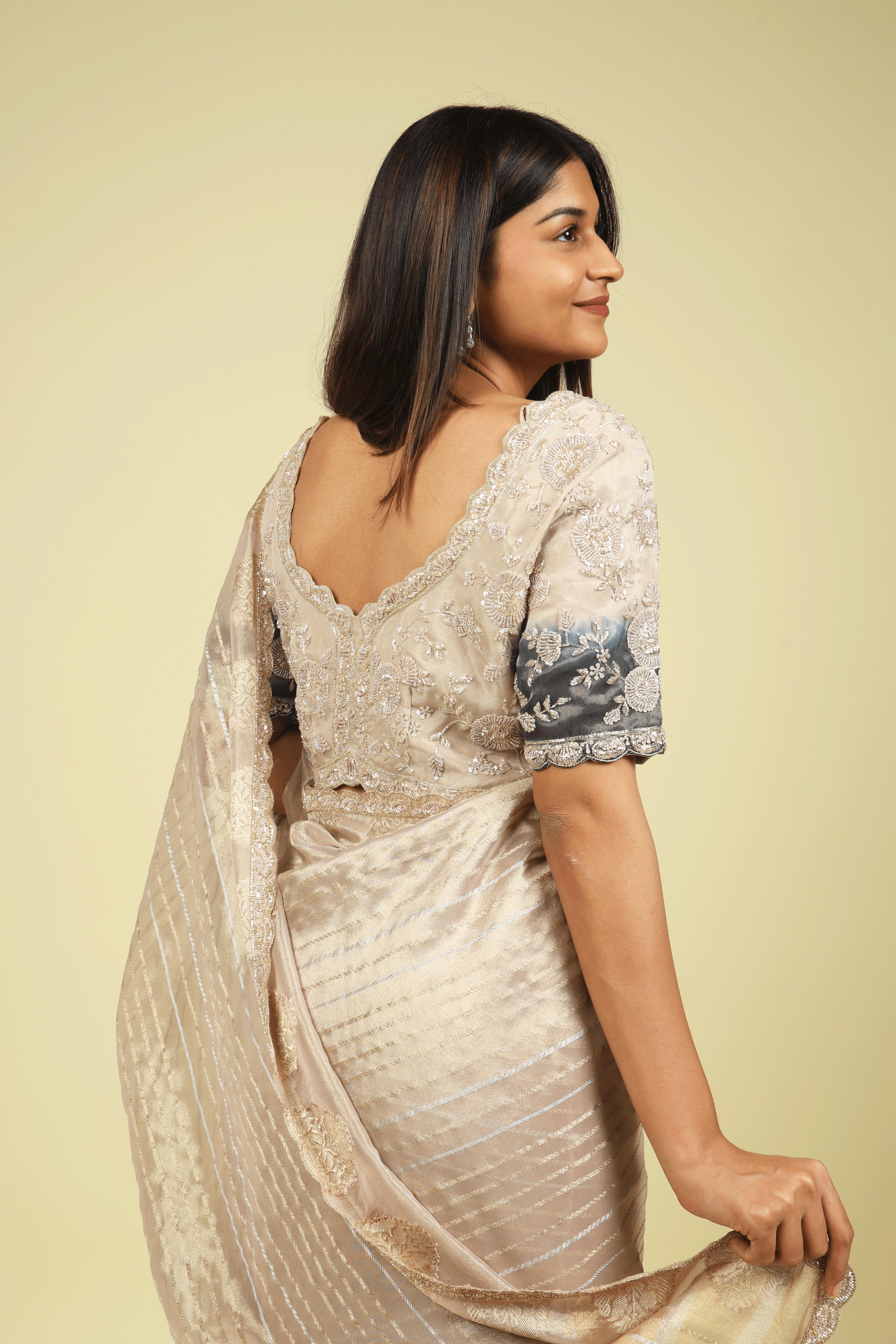 Rose Gold Tissue Saree with Gold & Silver Zari Stripes and Bead-Sequin Border - Mokshaa