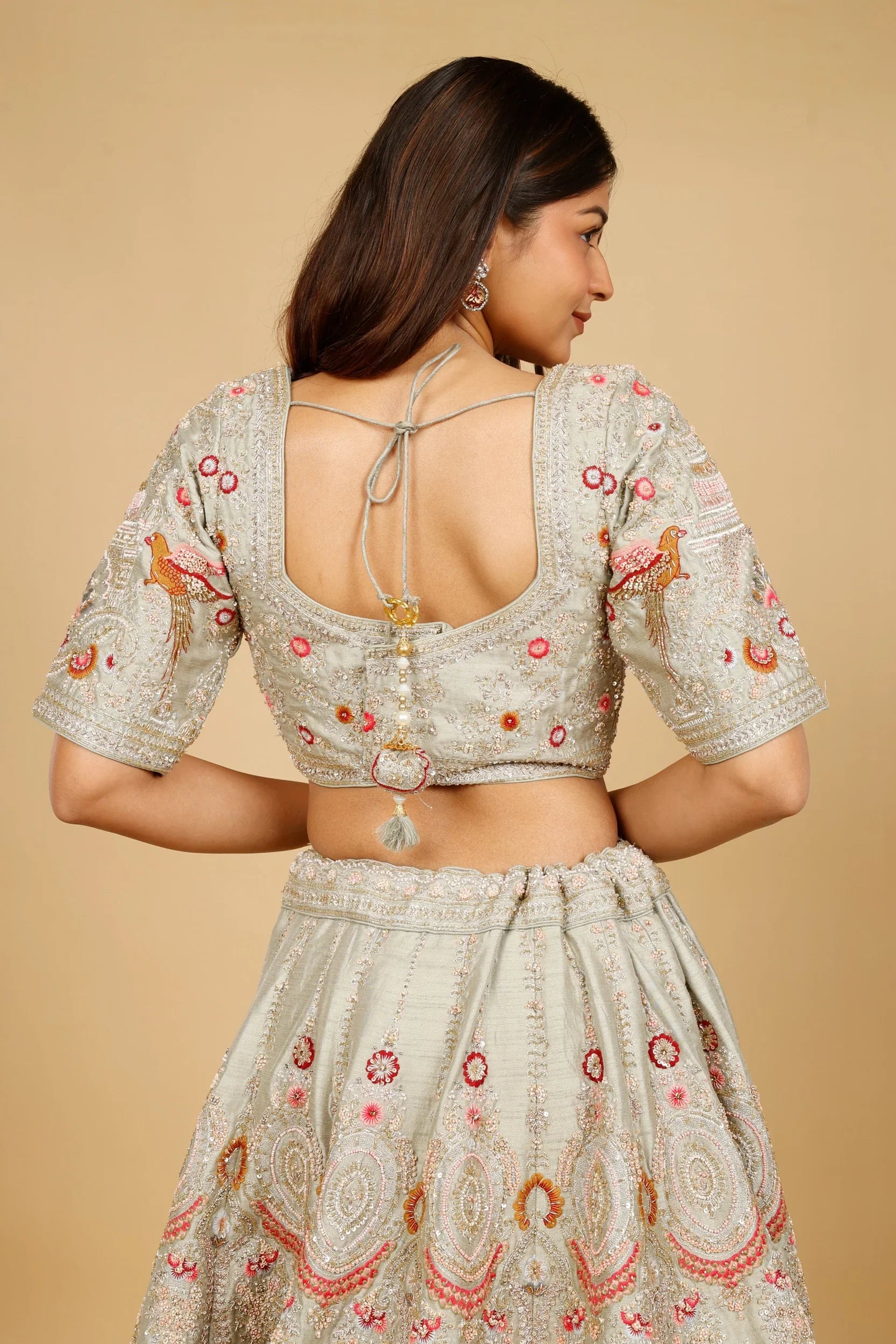 Sage Green Raw Silk Bridal Lehenga Set with Zardozi, Cutdana & Pearl Embroidery - Mokshaa