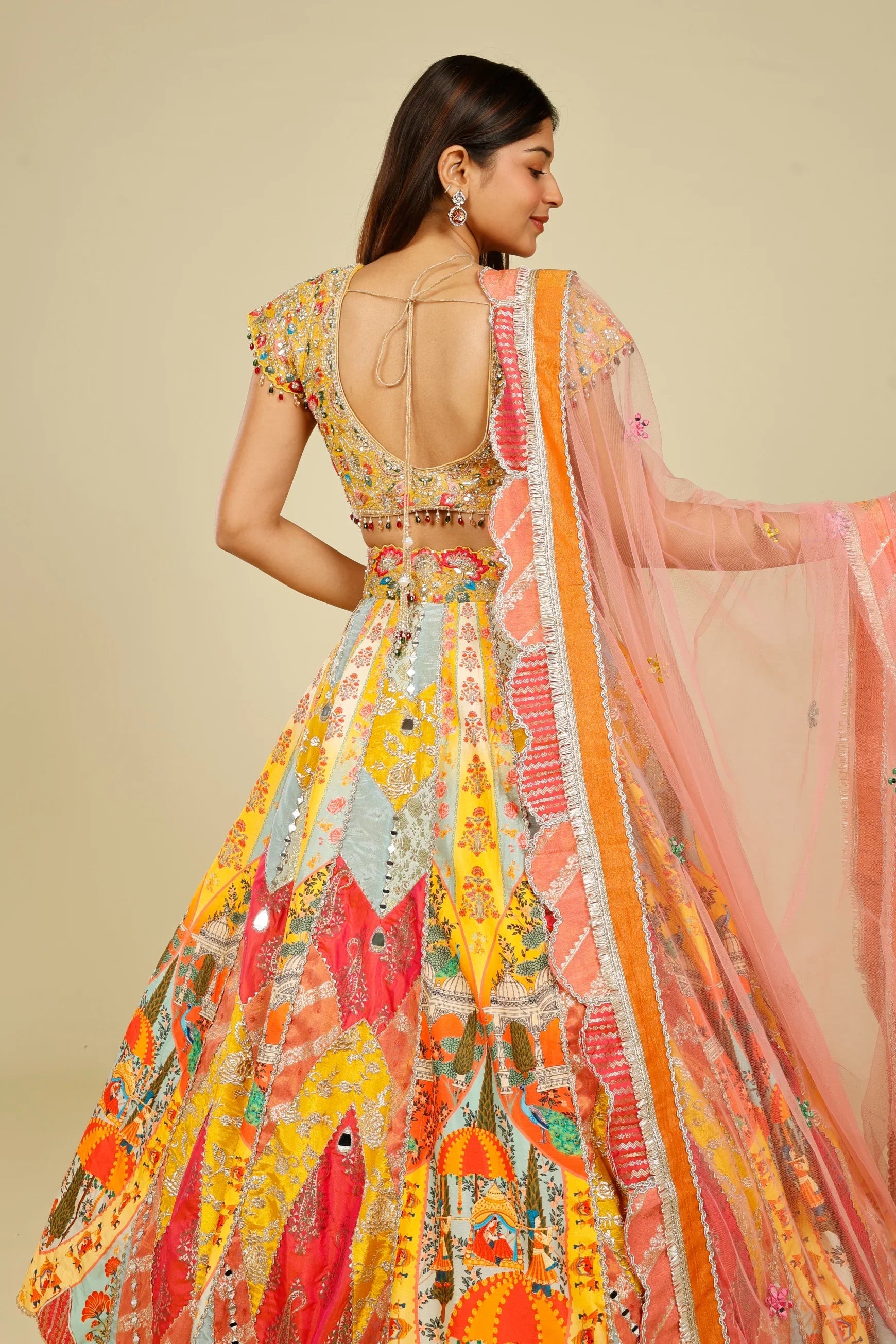 Multicolour Printed Silk Patchwork Lehenga Set with Mirror & Zari Embroidery - Mokshaa