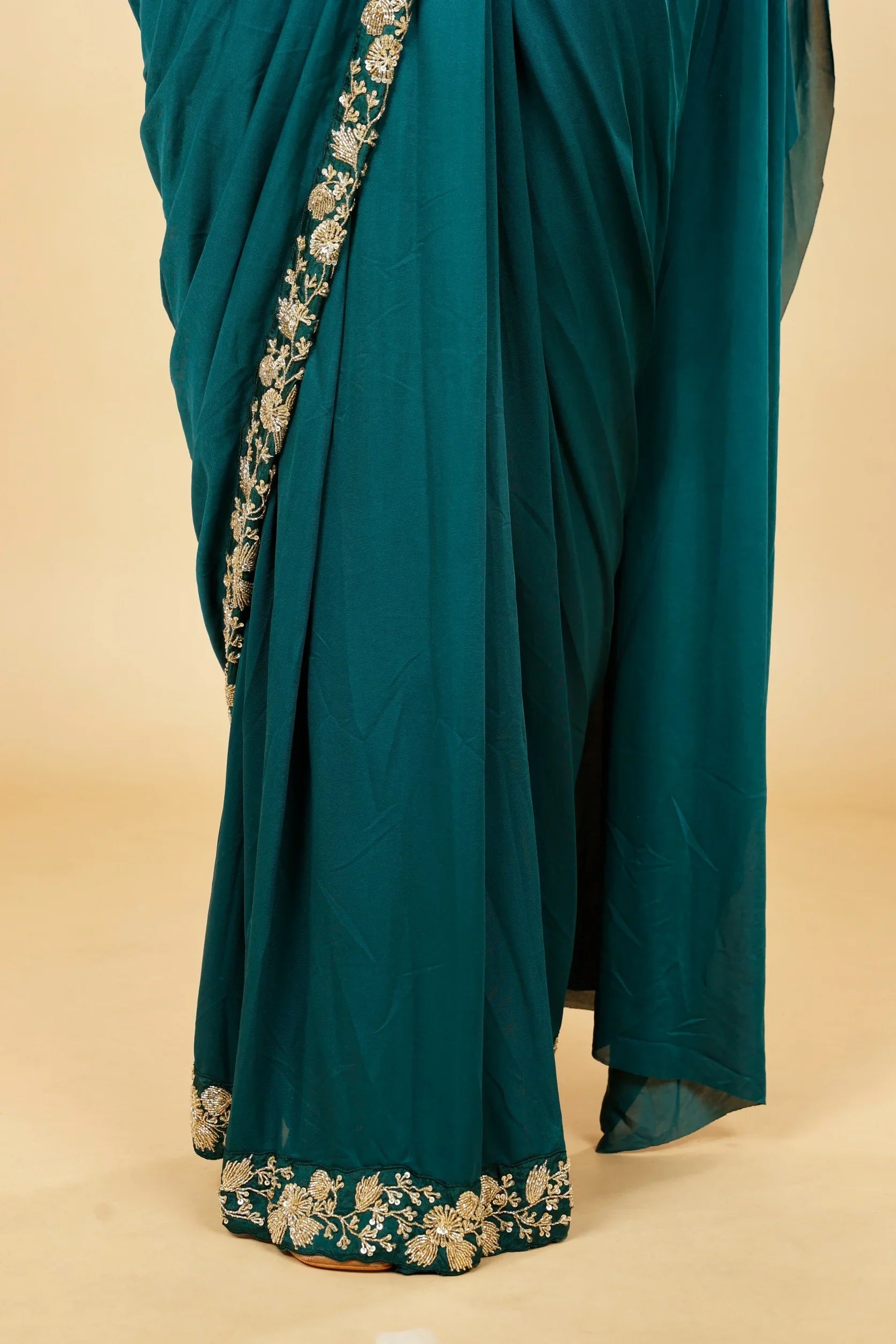 Emerald Green Lycra Silk Drape Saree with Kutdana Embroidery - Mokshaa