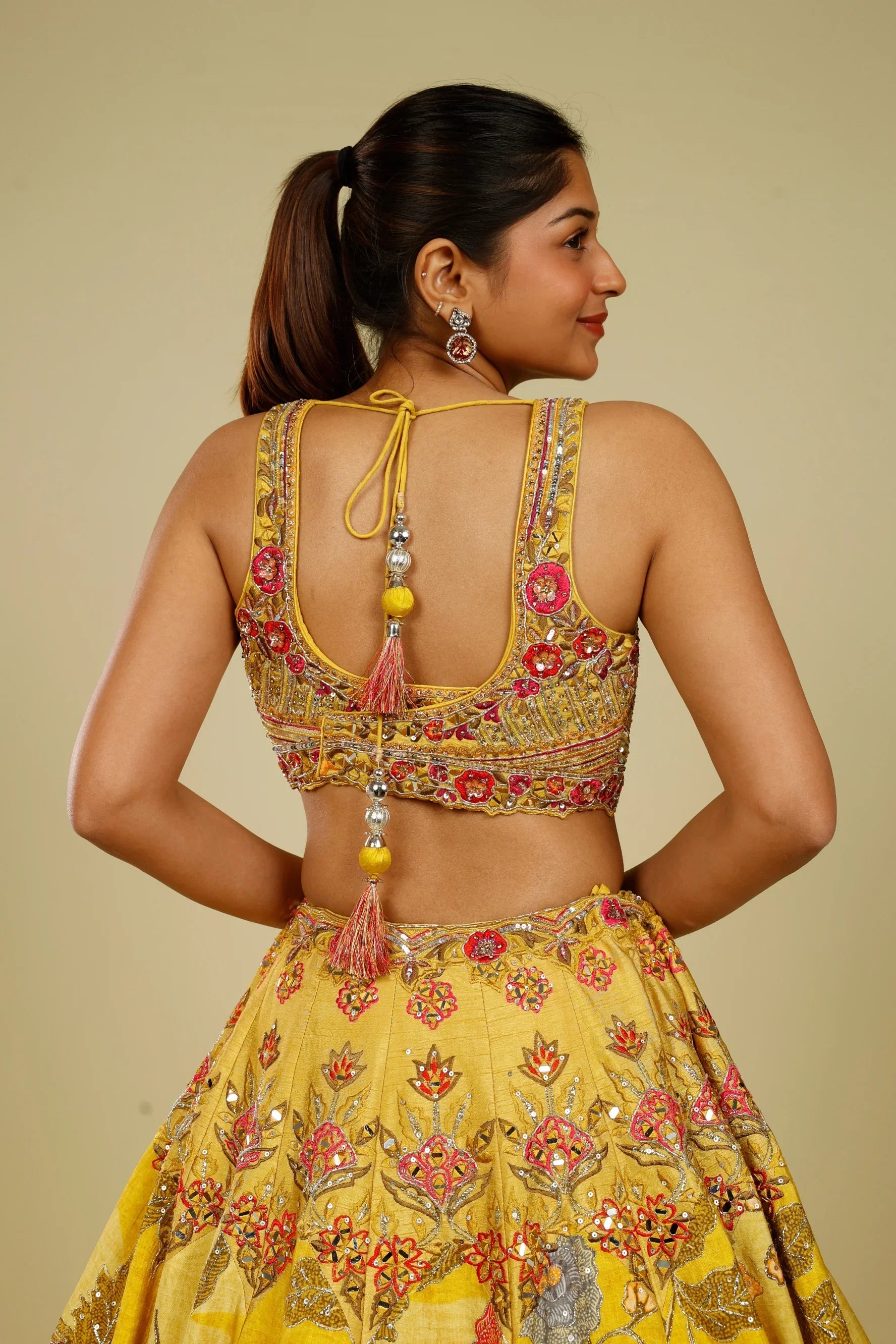 Yellow Silk Printed Lehenga Set with Thread, Mirror & Zari Embroidery - Mokshaa