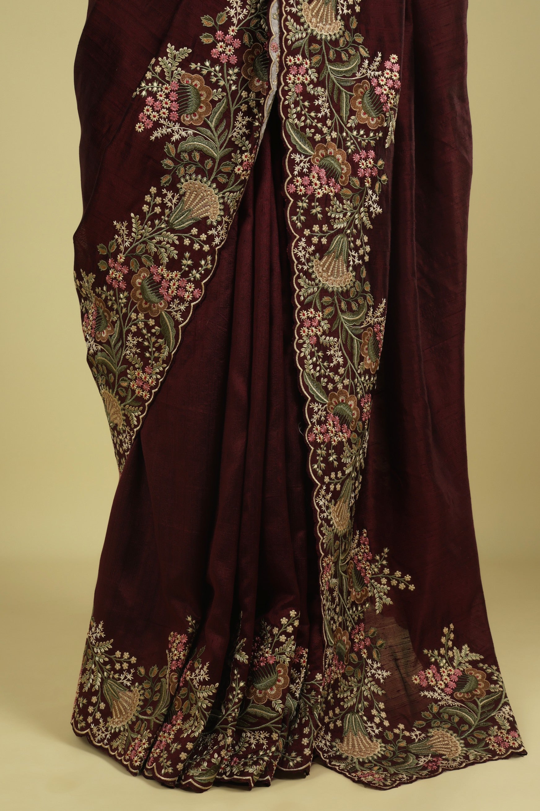 Dark Wine Handloom Tussar Saree with Multi-Thread Embroidered Border - Mokshaa