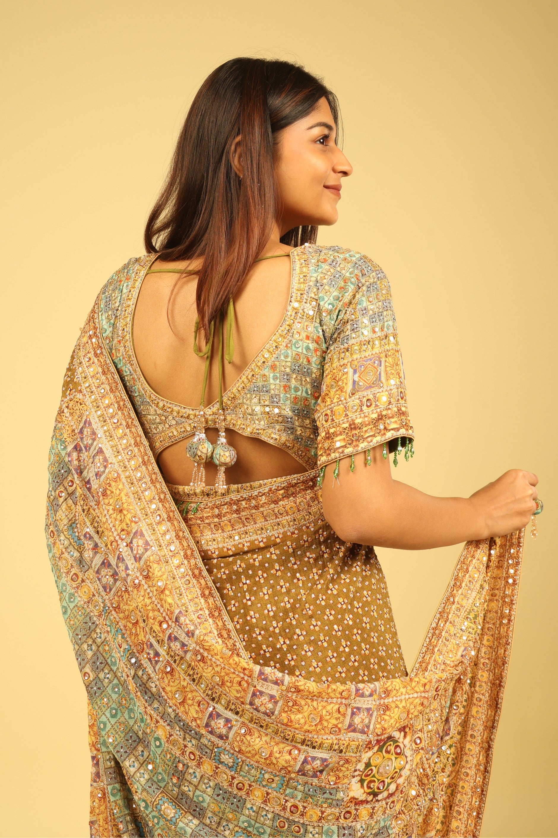 Dusty Green Soft Georgette Saree with Multicolour Digital Print, Sequin & Mirror Highlights - Mokshaa