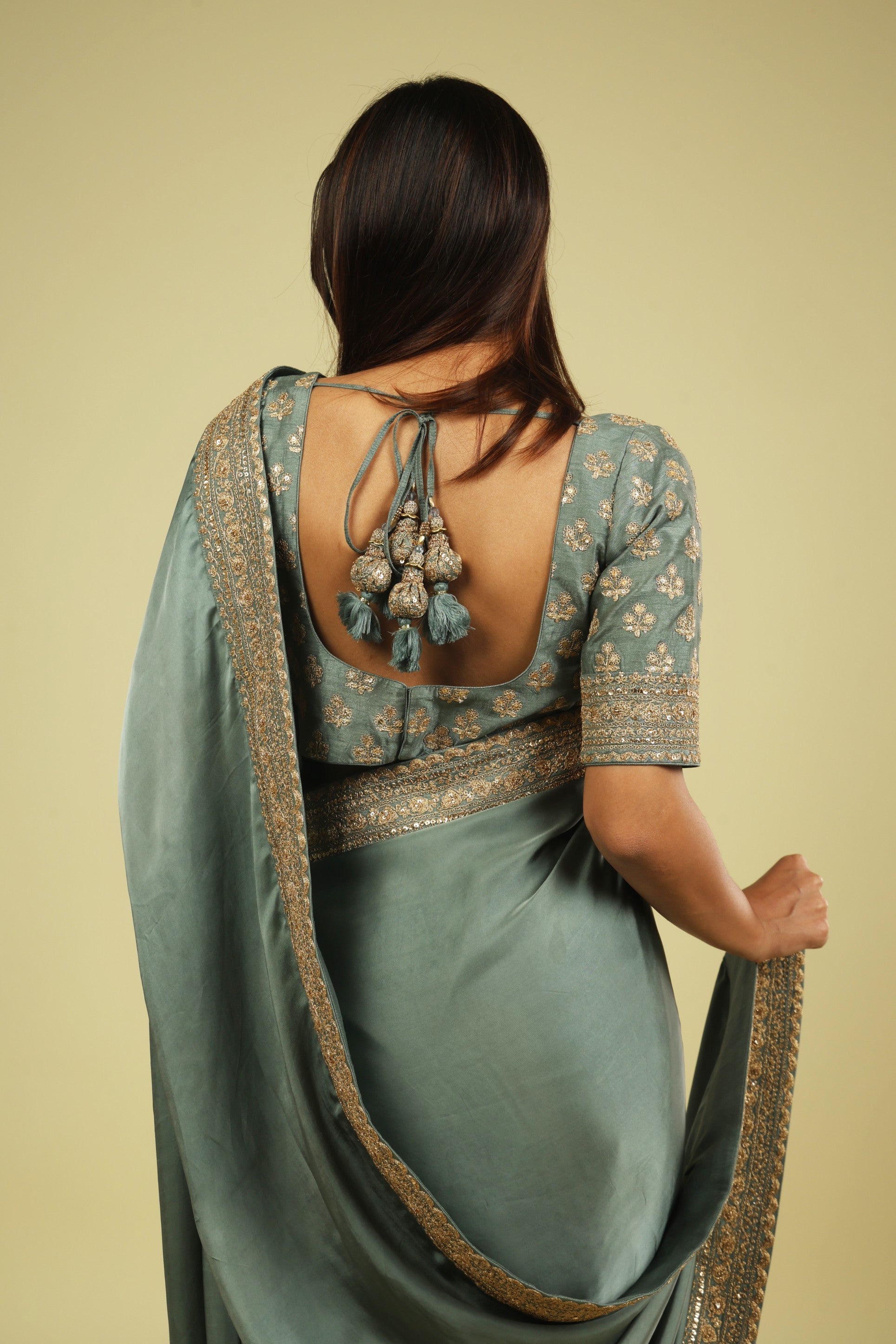 Powder Blue Satin Saree with Zari Thread Border & Zari Motif Blouse - Mokshaa