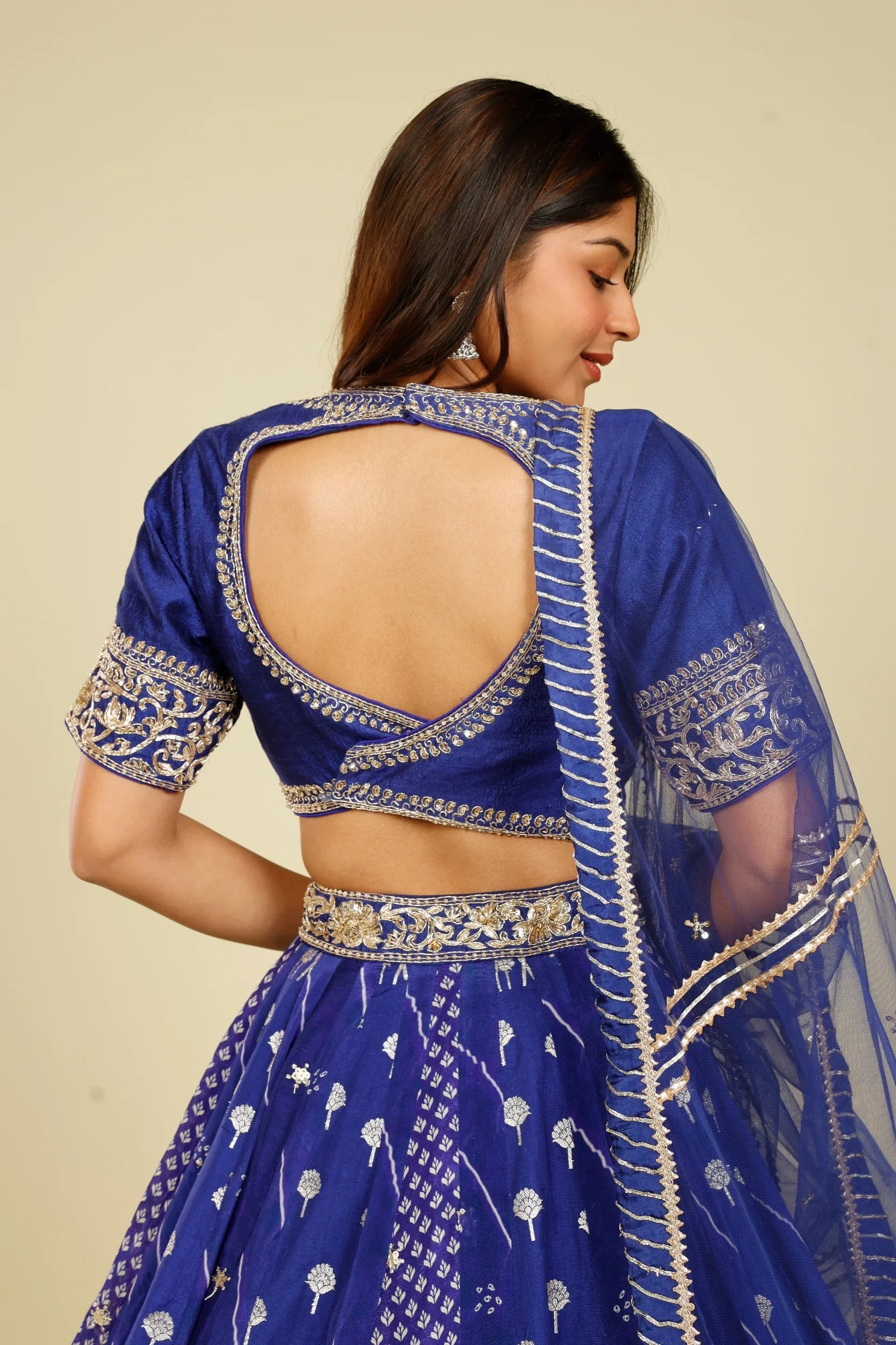 Royal Blue Printed Crepe Silk Lehenga Set with Zardozi & Gota Embroidery - Mokshaa