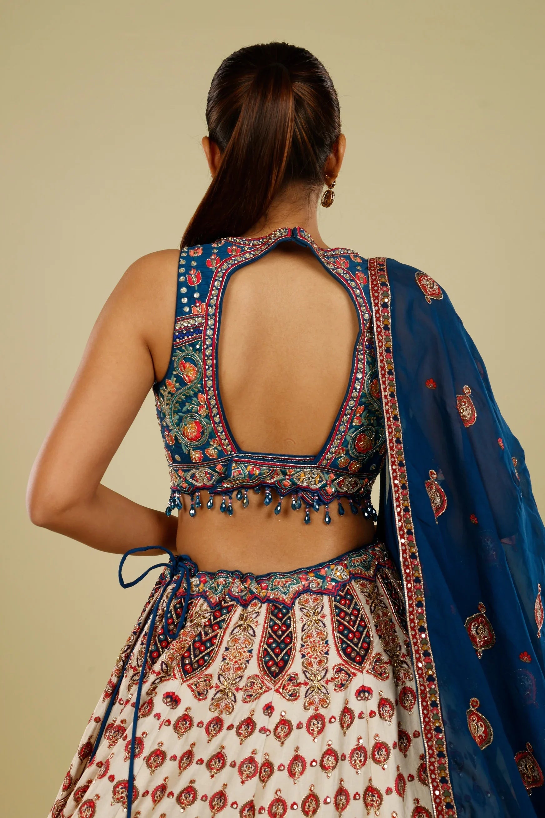 Blue Multicolour Printed Silk Lehenga Set with Zari, Sequin & Cutdana Highlights - Mokshaa