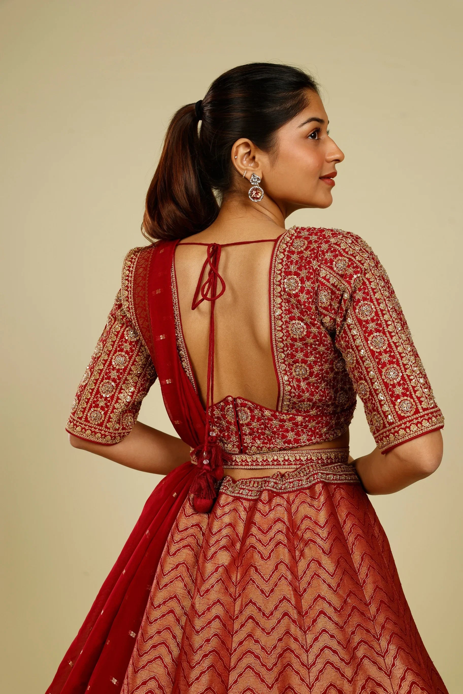 Maroon Banarasi Lehenga Set with Zari, French Knot & Cutdana Embroidery - Mokshaa