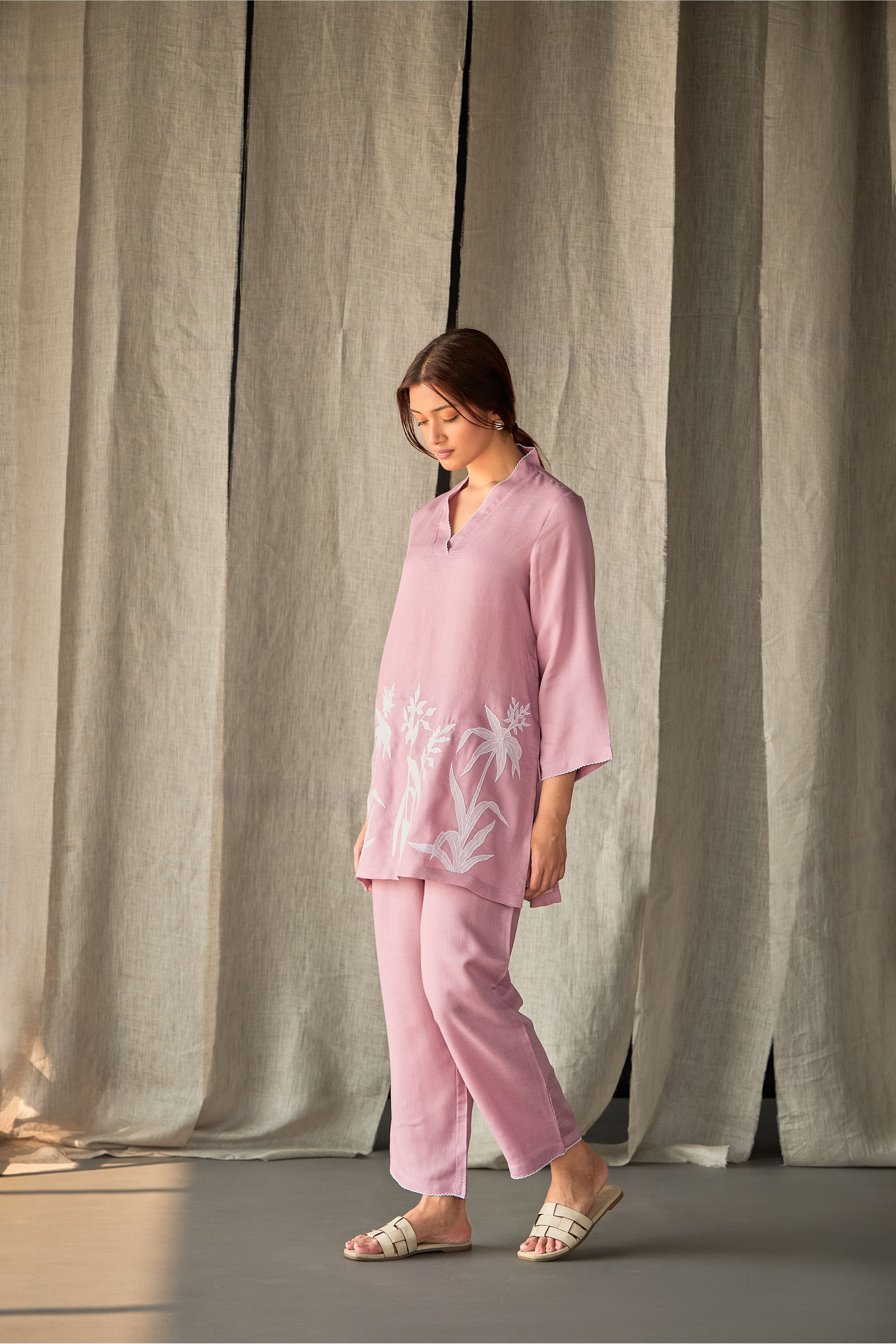 Blossom Pink Applique Linen Co-ord Set - Mokshaa