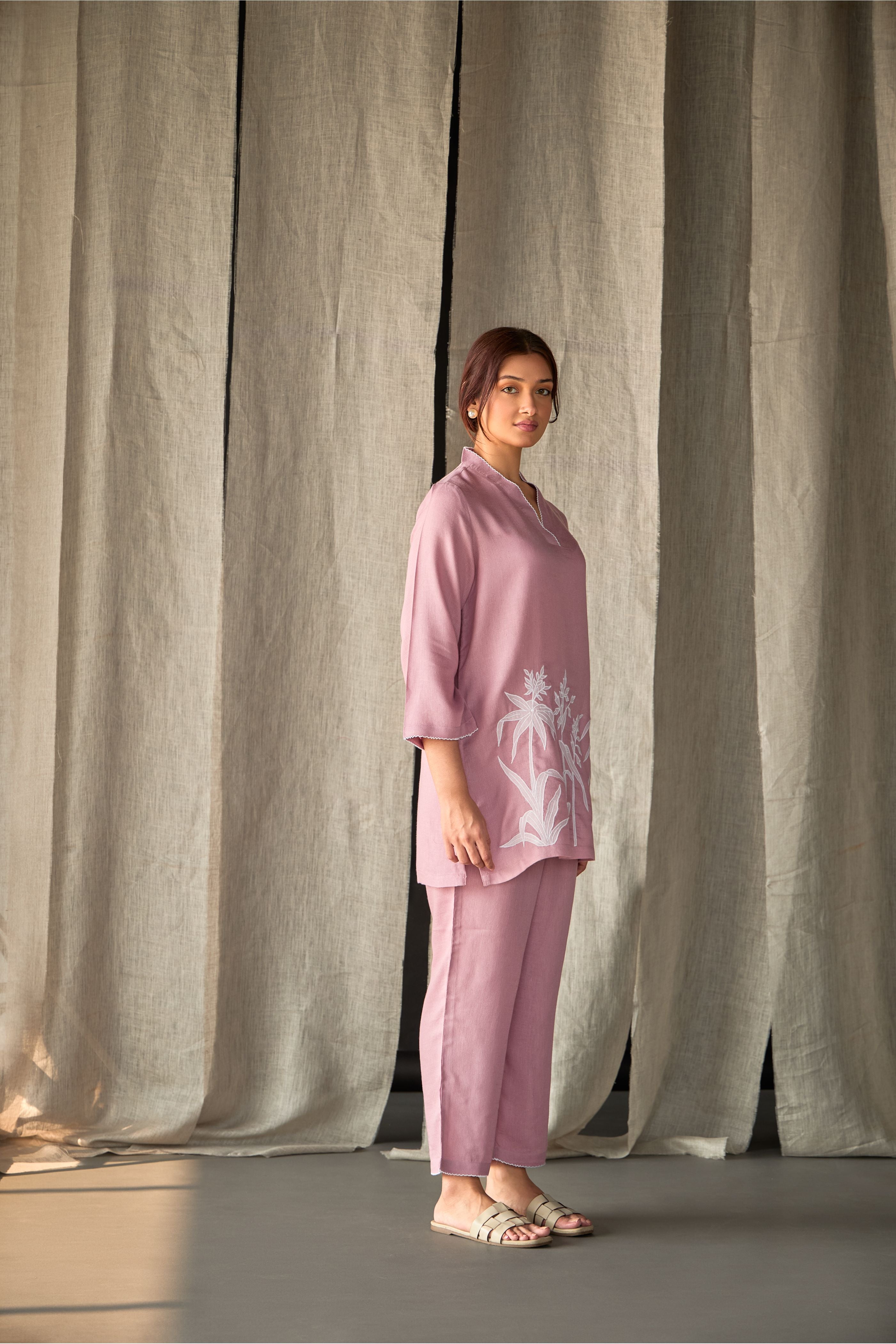 Blossom Pink Applique Linen Co-ord Set - Mokshaa