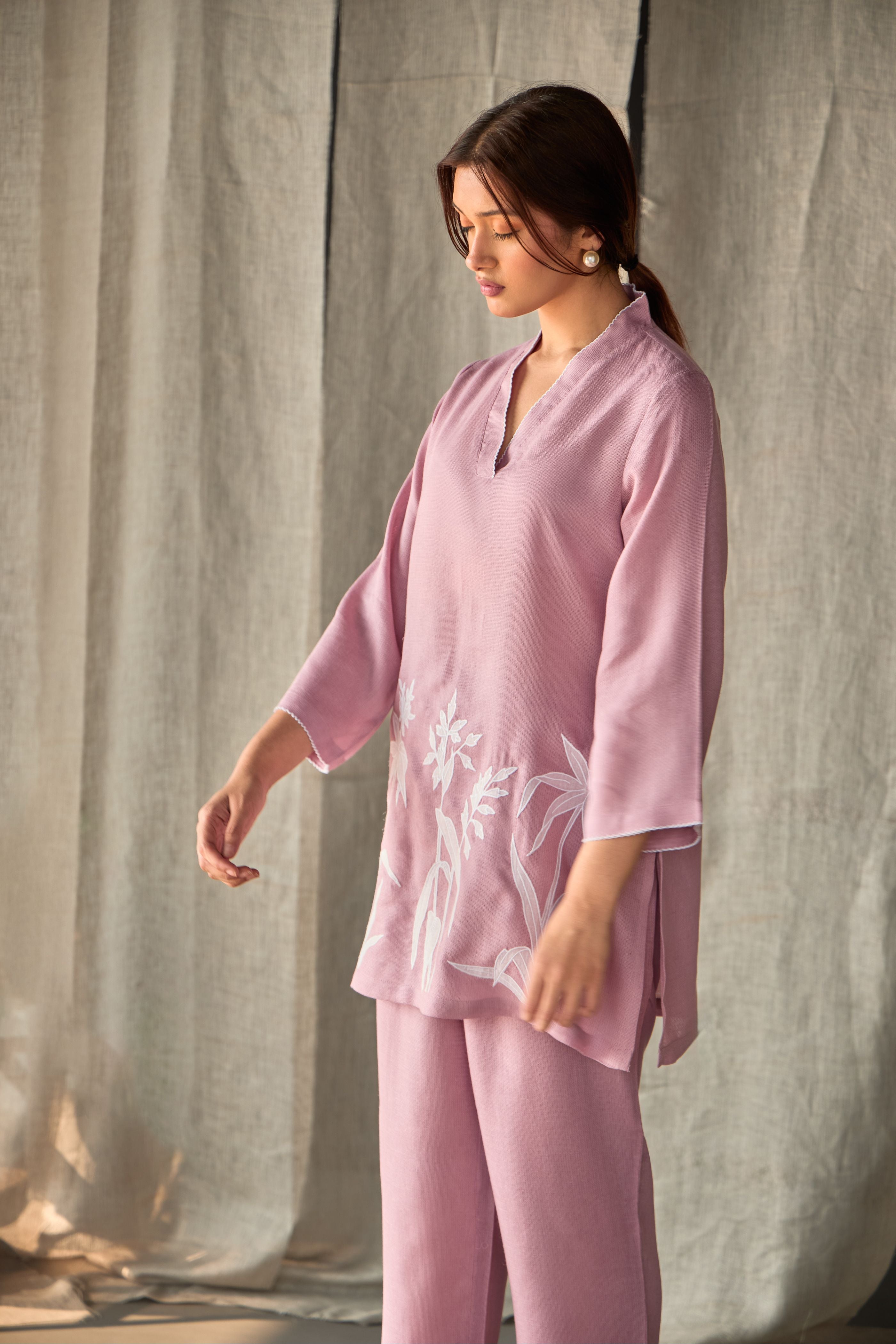 Blossom Pink Applique Linen Co-ord Set - Mokshaa