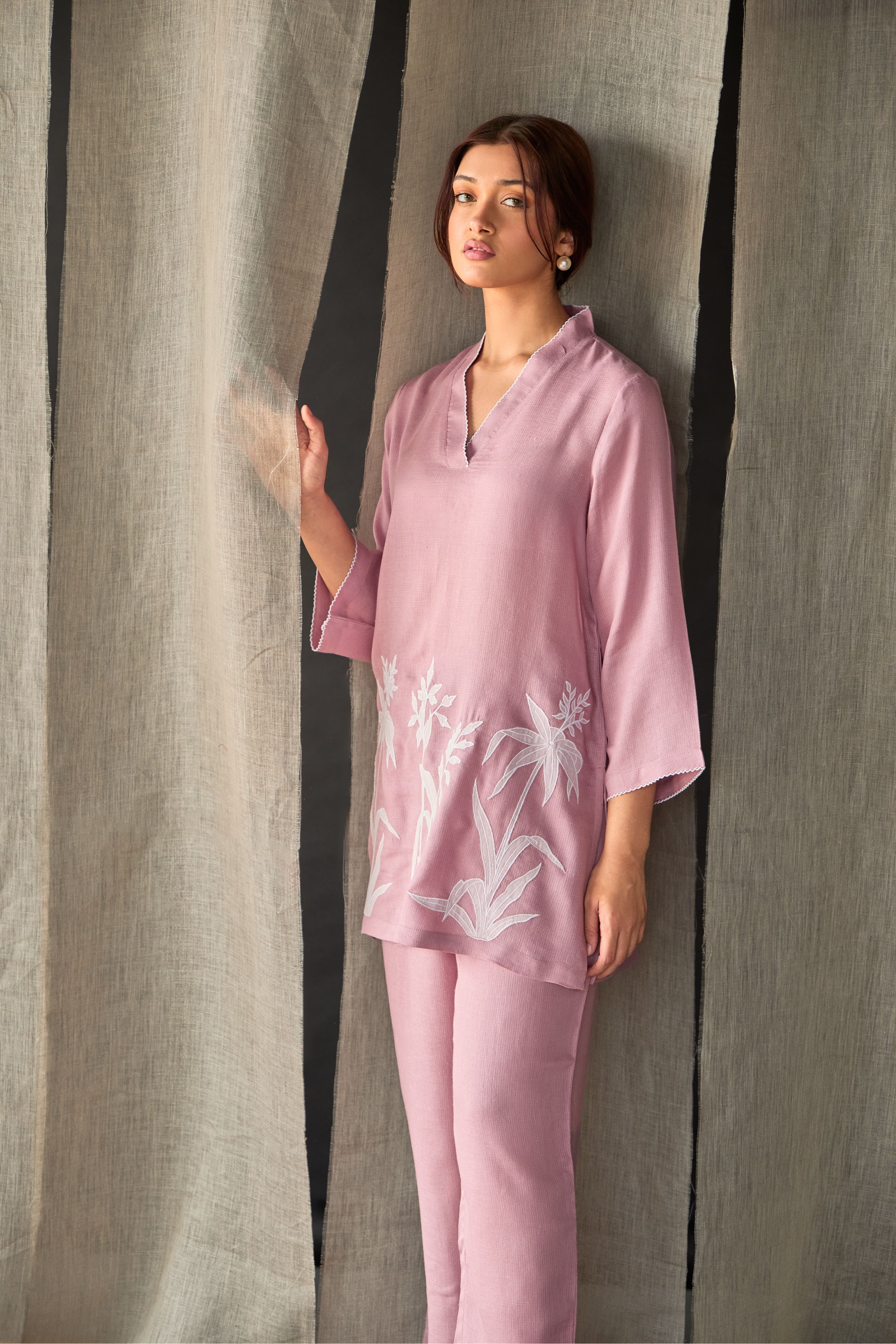 Blossom Pink Applique Linen Co-ord Set - Mokshaa