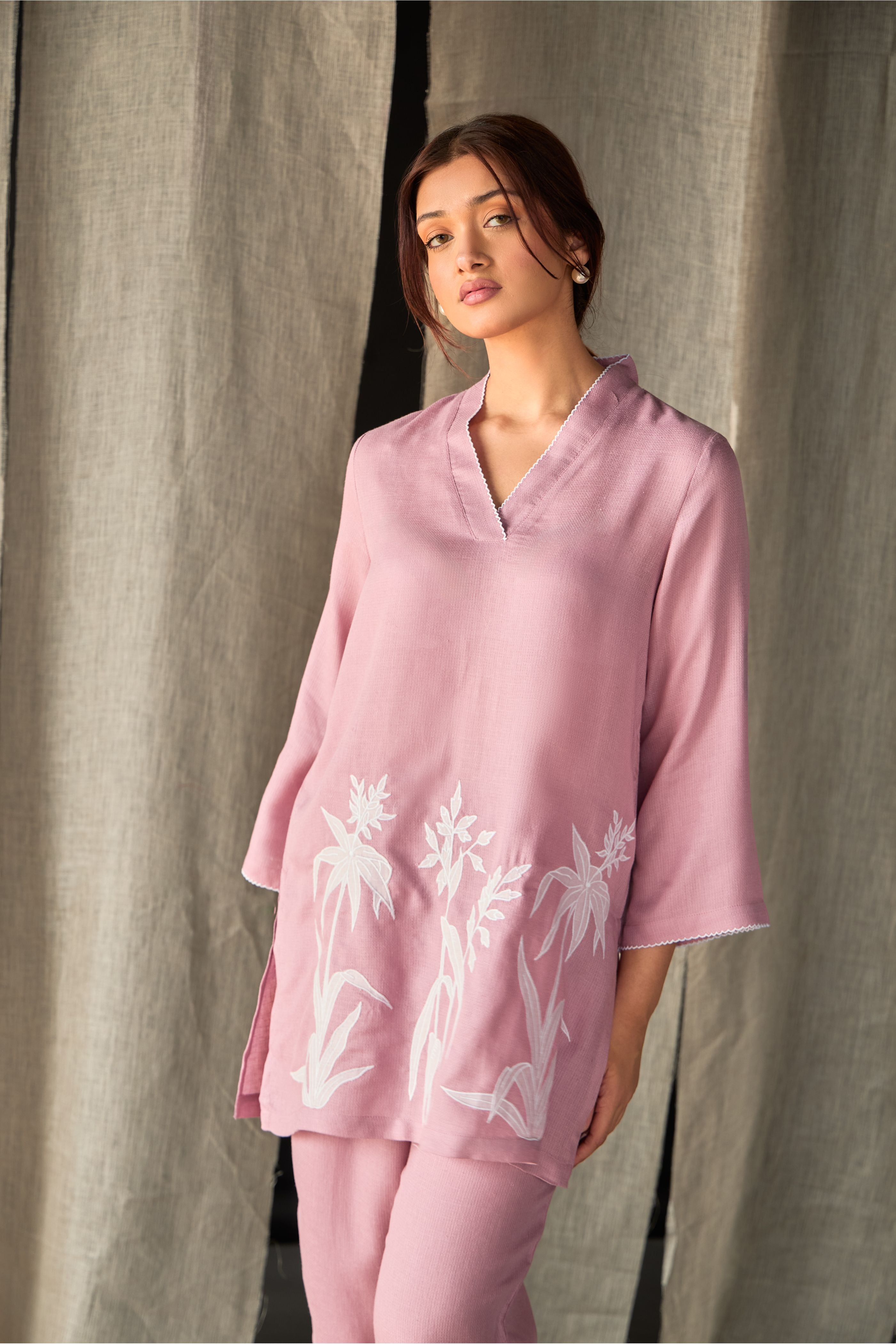 Blossom Pink Applique Linen Co-ord Set - Mokshaa