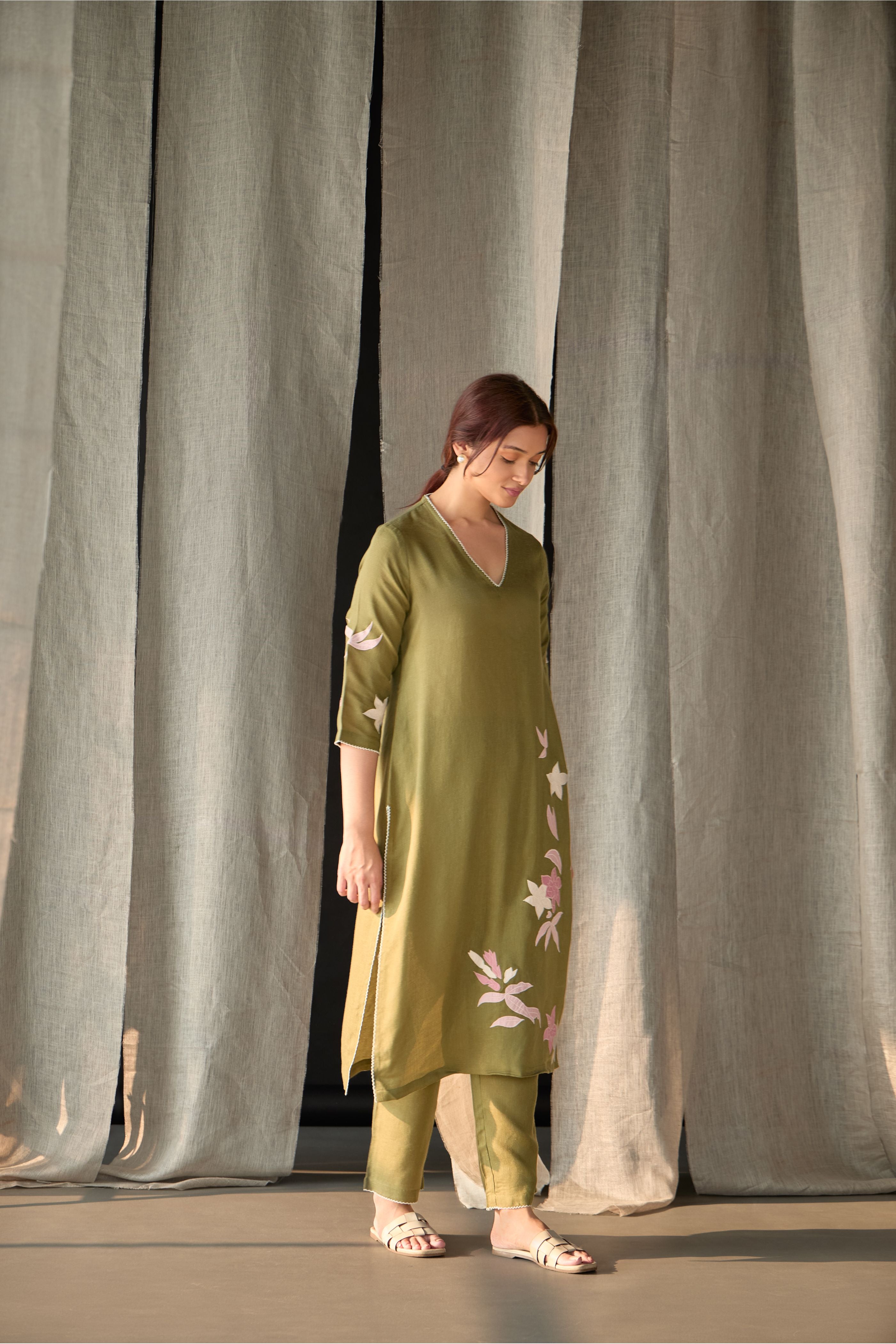 Olive Linen Applique Kurta Set - Mokshaa