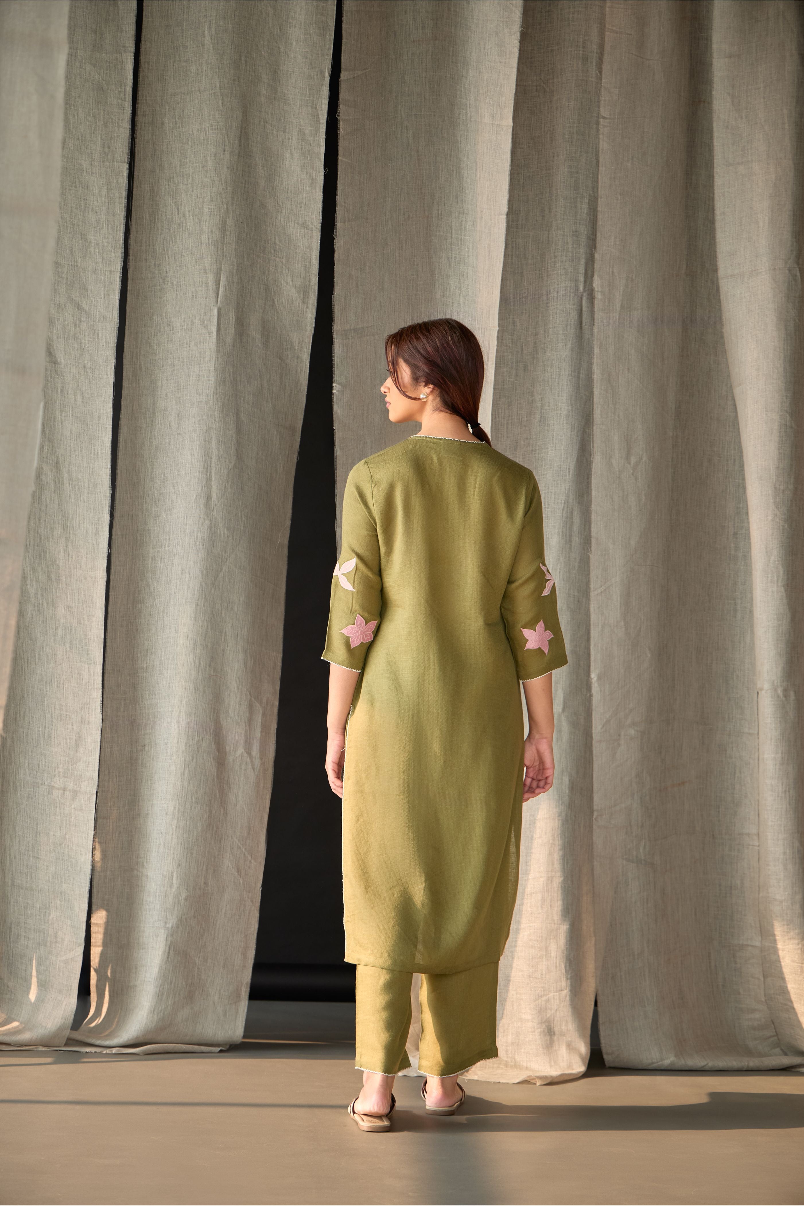 Olive Linen Applique Kurta Set - Mokshaa